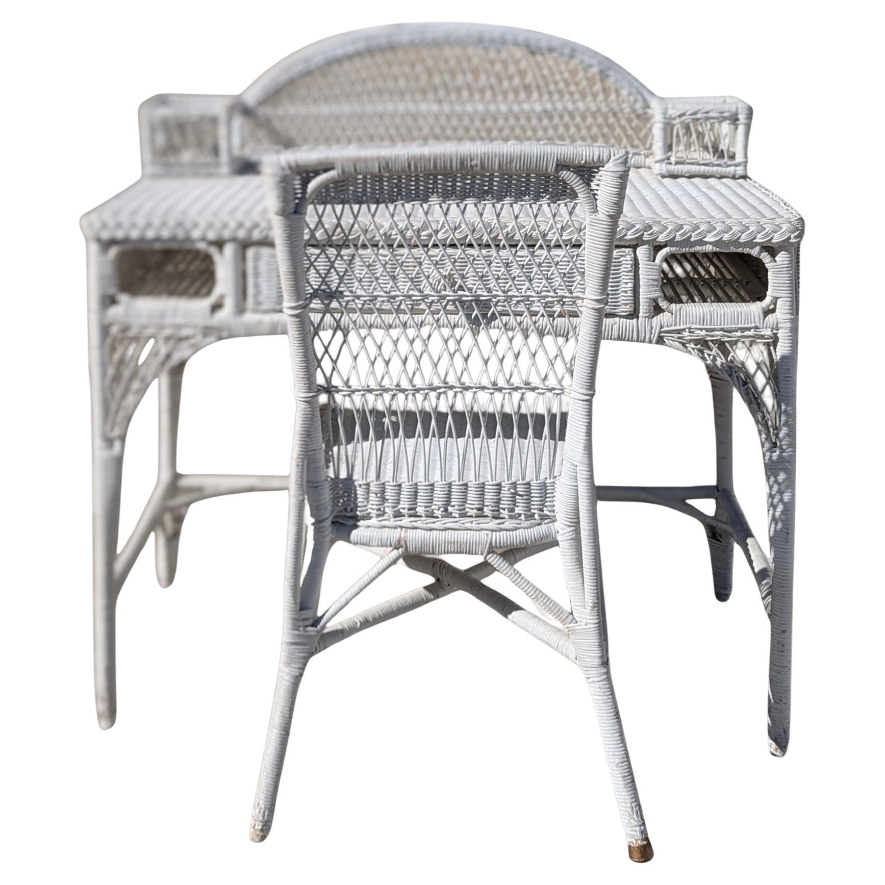 White Woven Wicker Writing Desk and Matching Side Chair For Sale