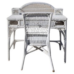 White Woven Wicker Writing Desk and Matching Side Chair