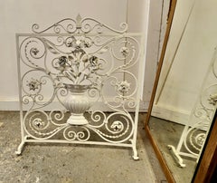 White Wrought Iron and Toleware Fire screen Decorated with Flowers