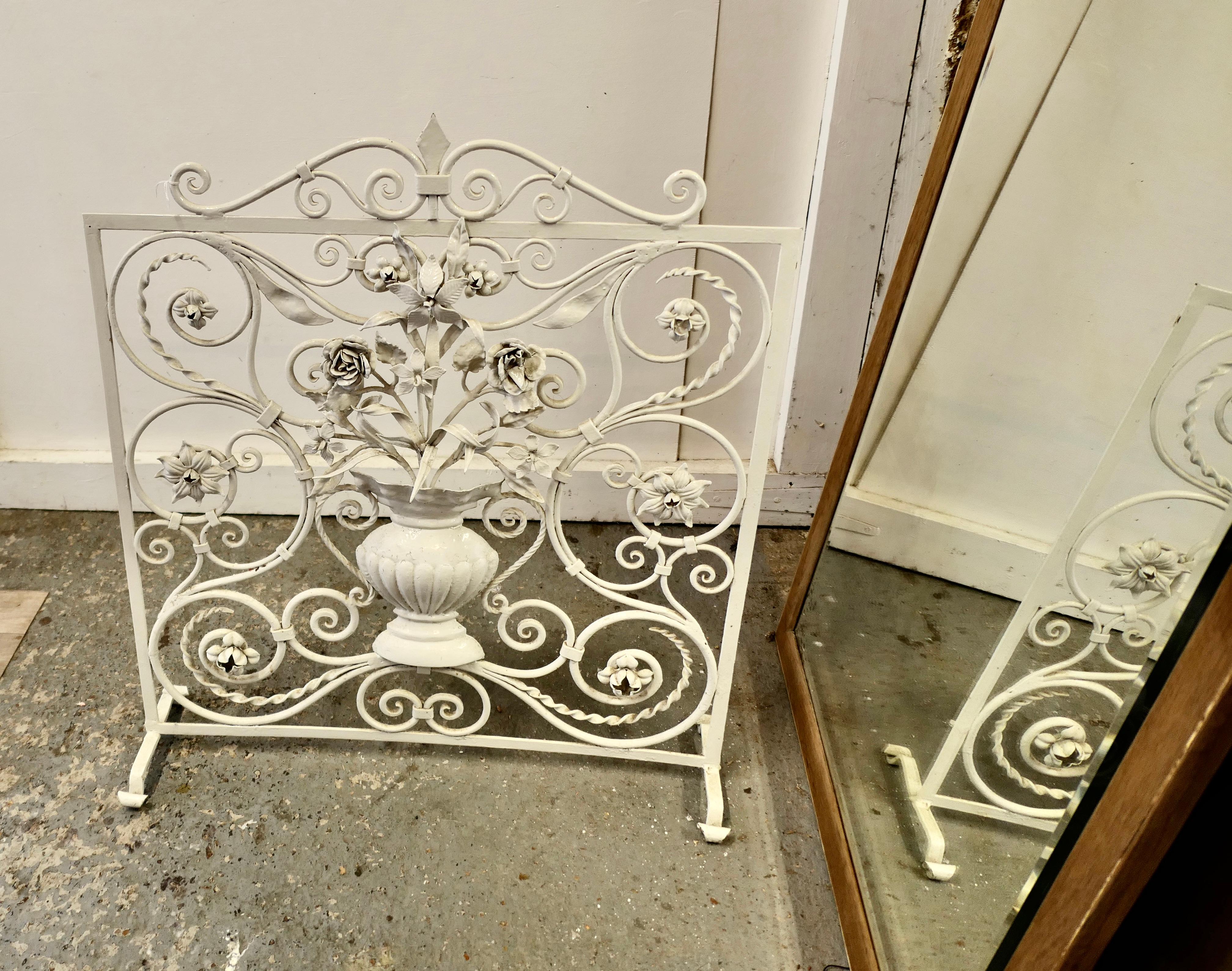 Arts and Crafts White Wrought Iron and Toleware Fire screen Decorated with Flowers For Sale