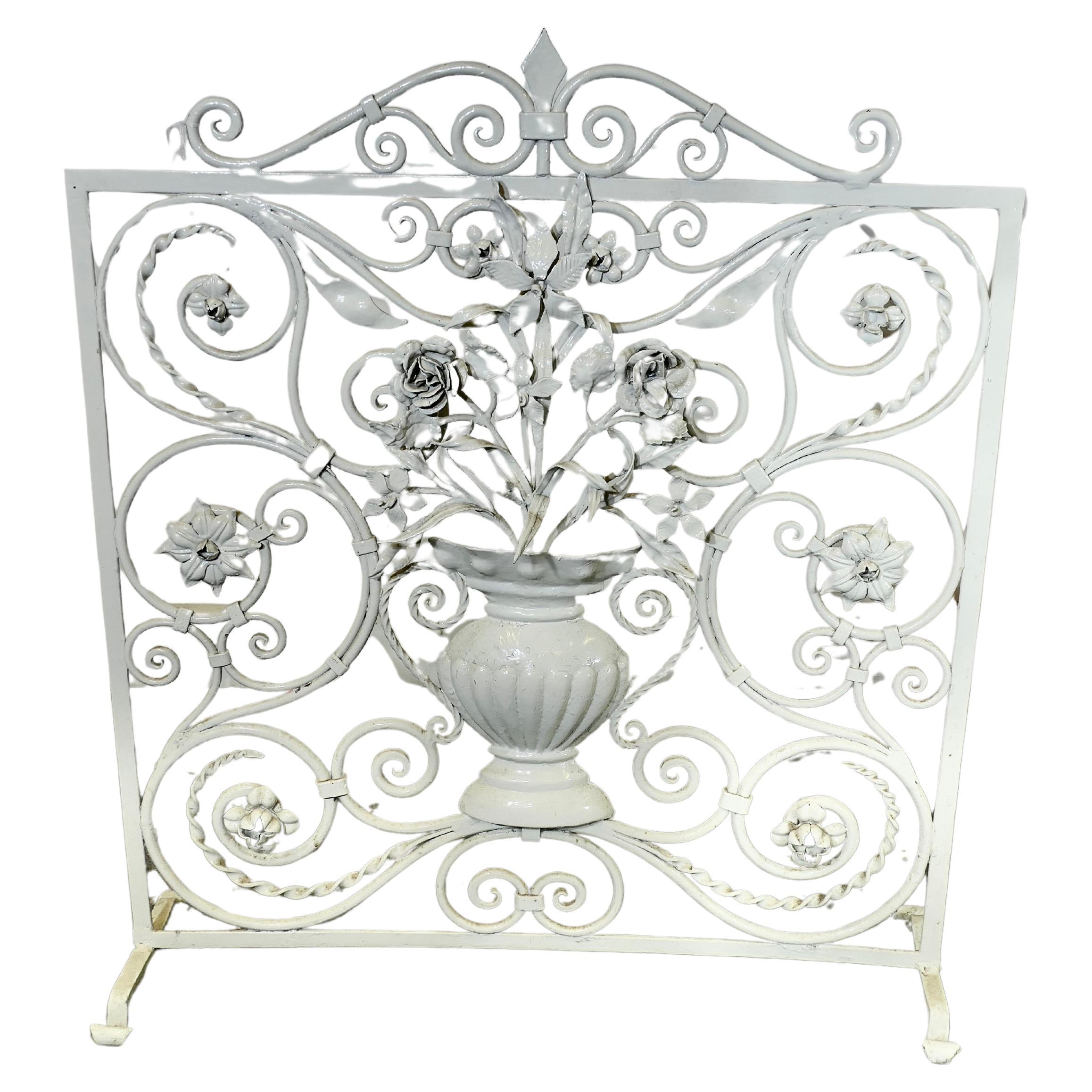 White Wrought Iron and Toleware Fire screen Decorated with Flowers For Sale