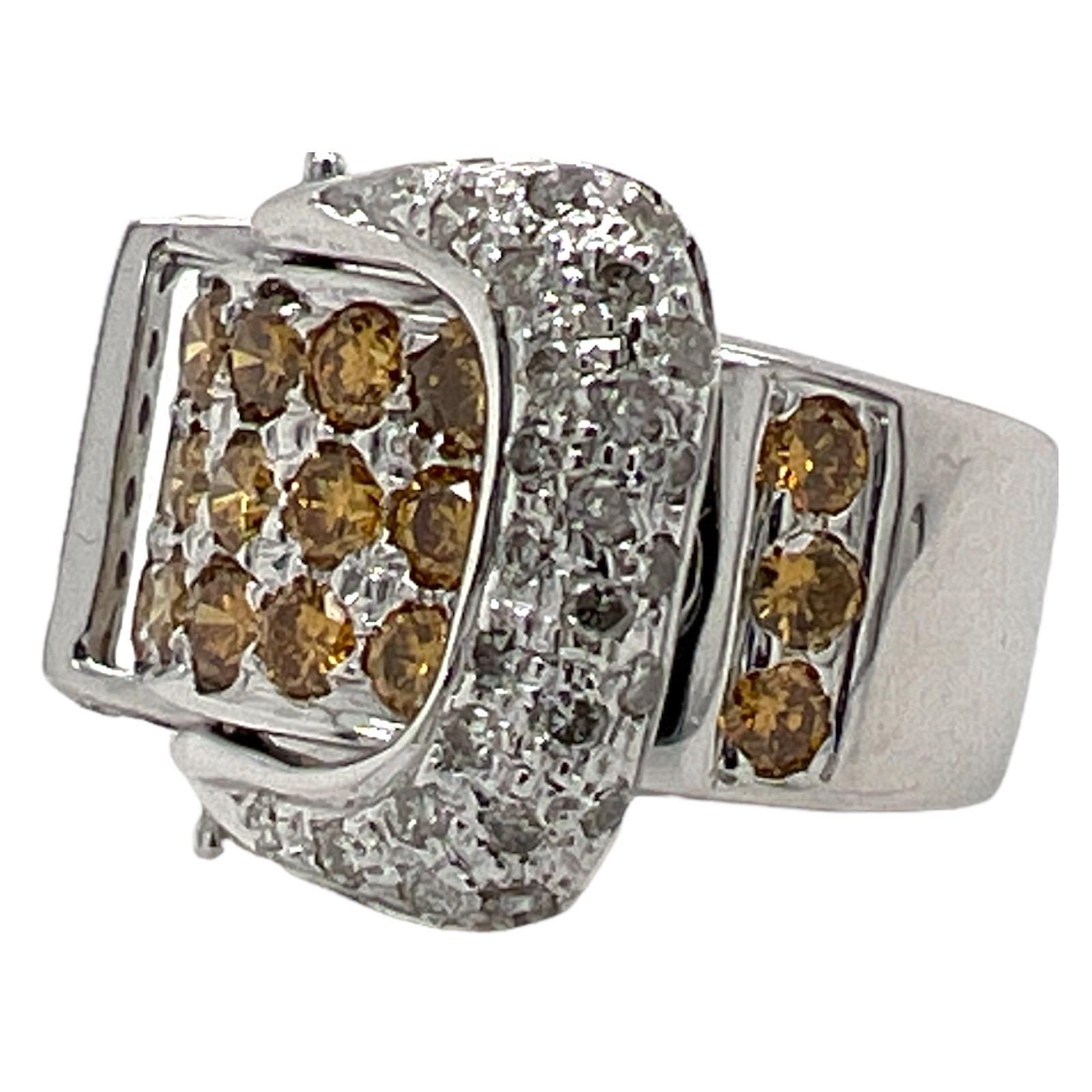 White & Yellow Diamond 14 Karat White Gold Modern Buckle Ring  In Excellent Condition In Boca Raton, FL