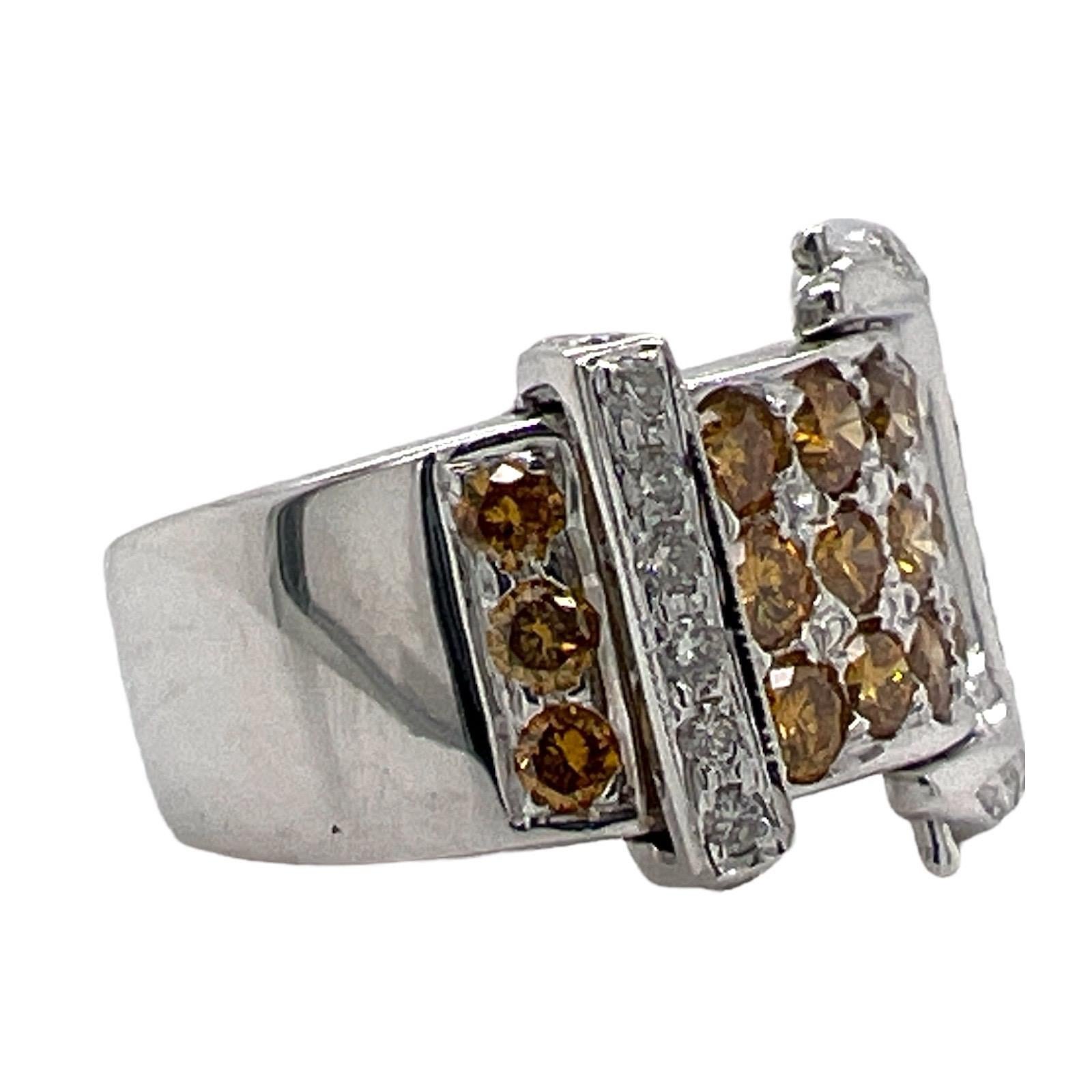 Women's White & Yellow Diamond 14 Karat White Gold Modern Buckle Ring 