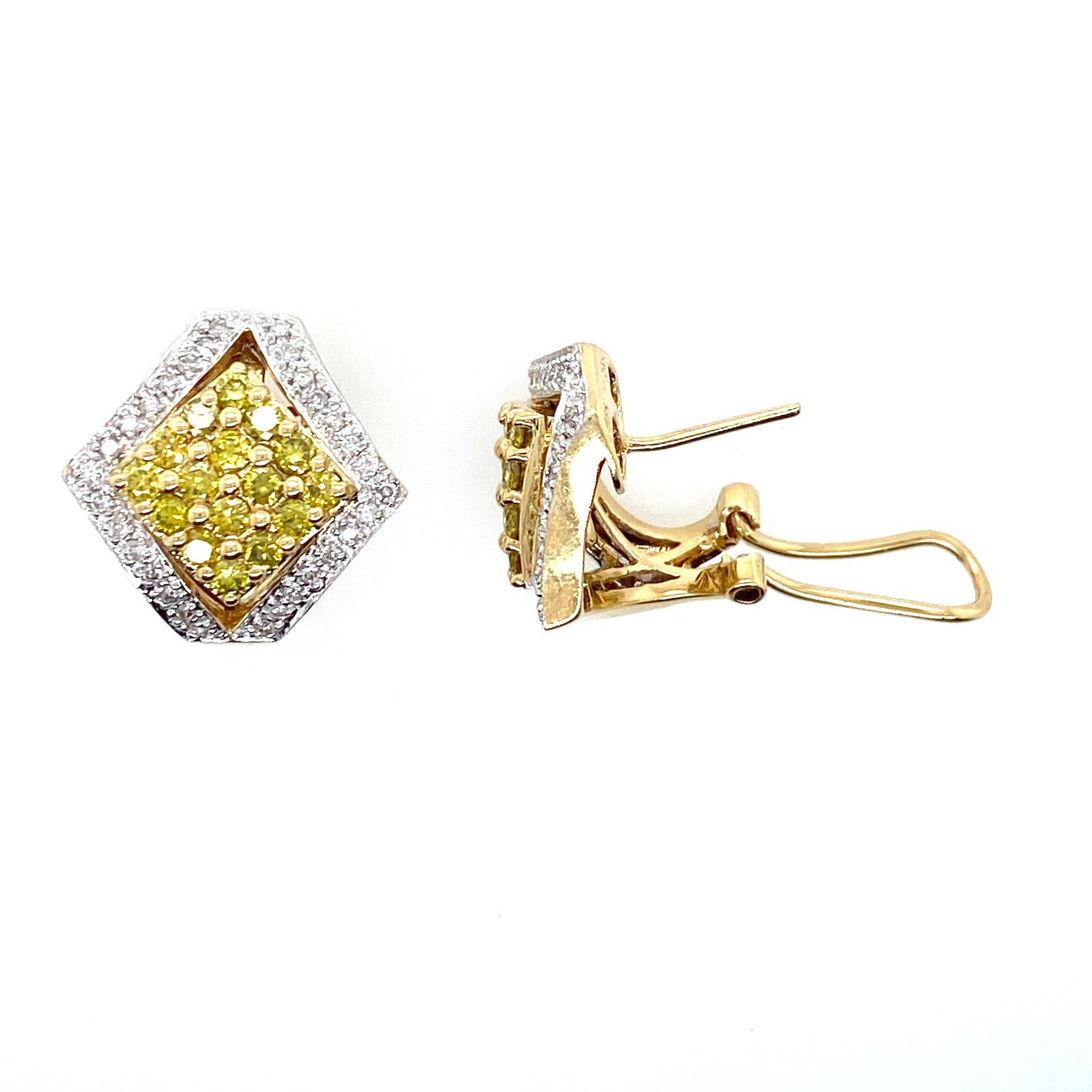 Beautiful diamond shape earrings fashioned in 14 karat white gold. The earrings feature 32 round brilliant yellow diamonds weighing approximately 2.00 carat total weight. The yellow diamonds are framed by 60 white round brilliant cut diamonds