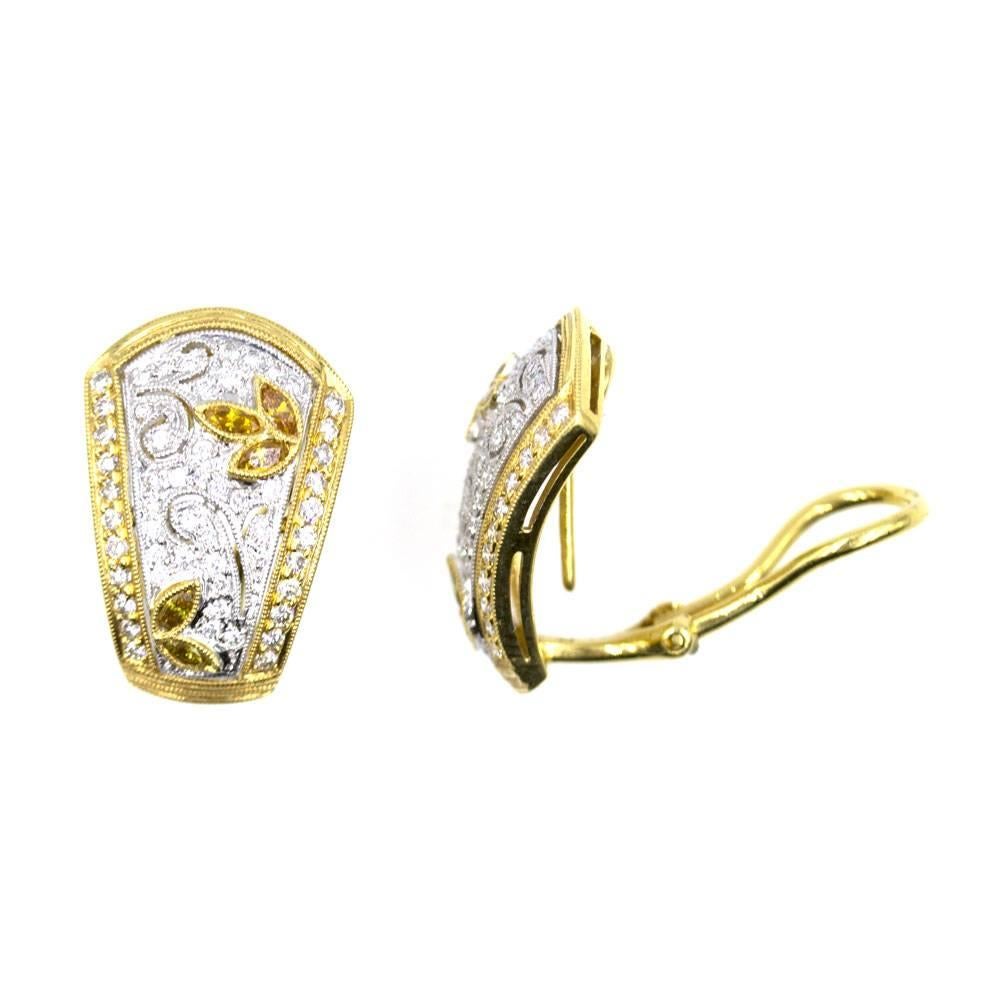 Modern White Yellow Diamond 18 Karat Two-Tone Gold Earrings Retractable Posts