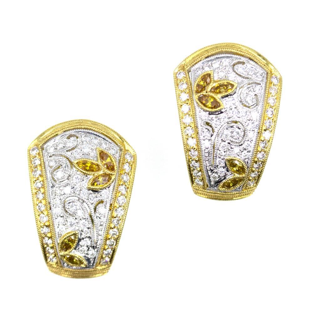 White Yellow Diamond 18 Karat Two-Tone Gold Earrings Retractable Posts