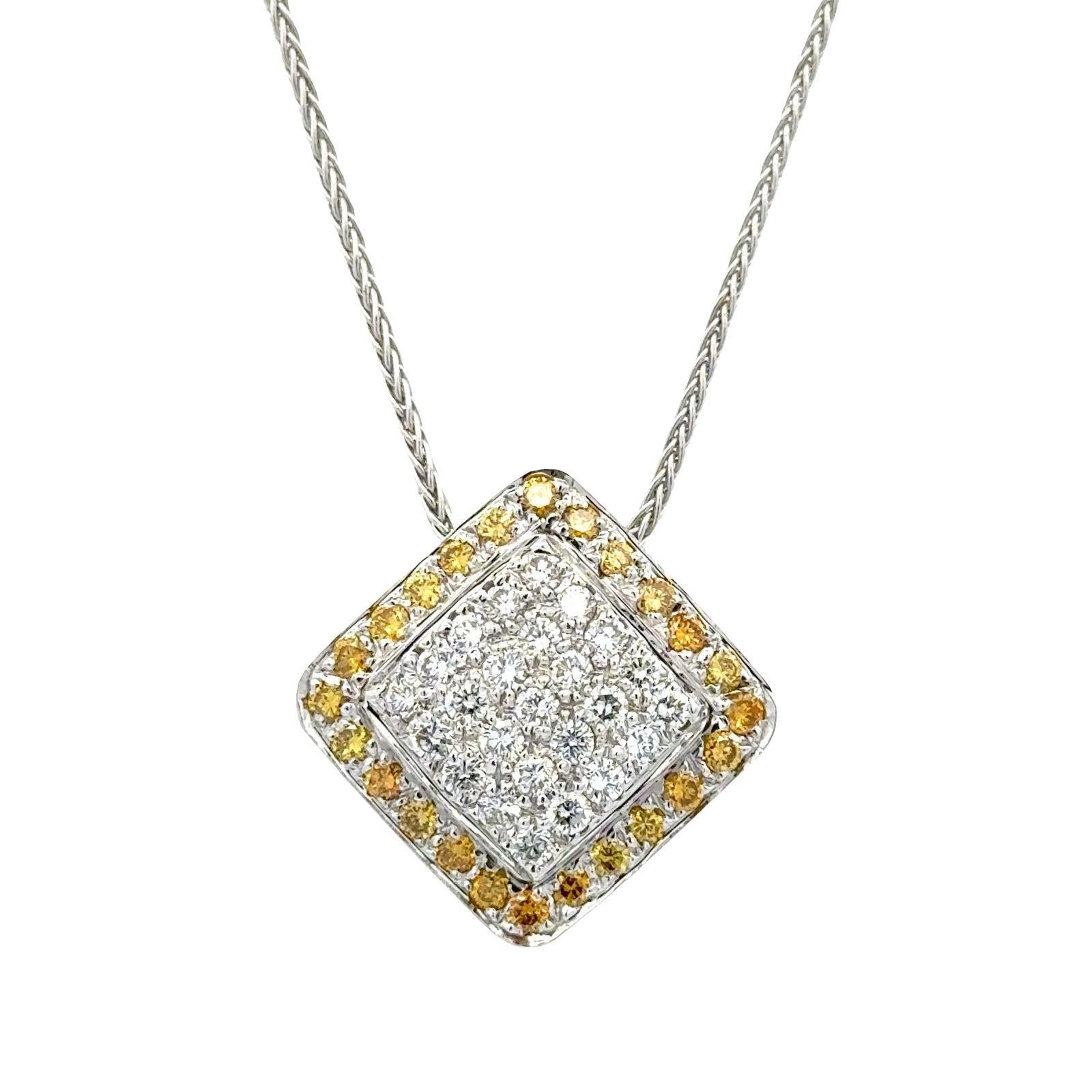 Modern White & Yellow Diamond 18 Karat Two Tone Square Pendant Necklace Contemporary For Sale