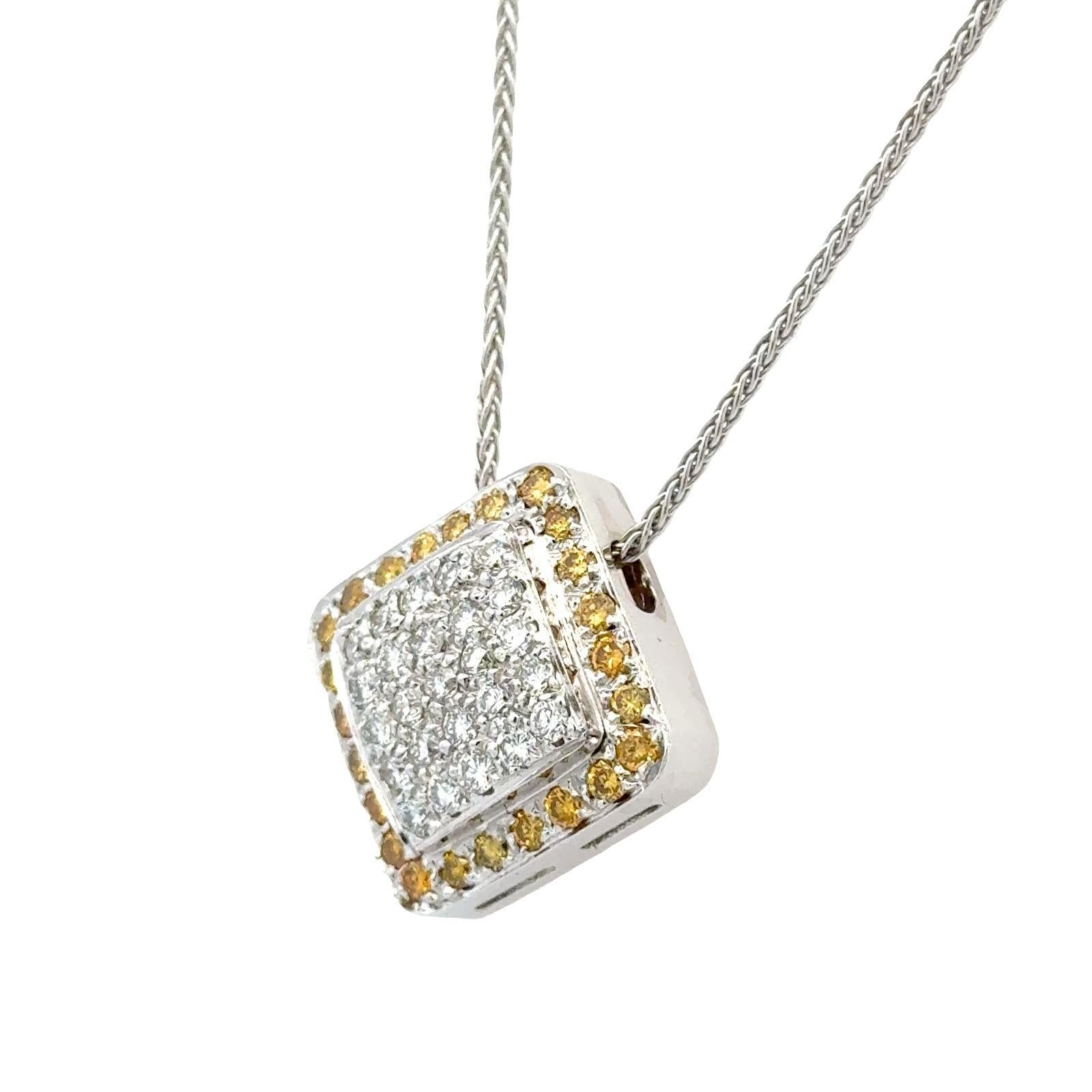 Brilliant Cut White & Yellow Diamond 18 Karat Two Tone Square Pendant Necklace Contemporary For Sale