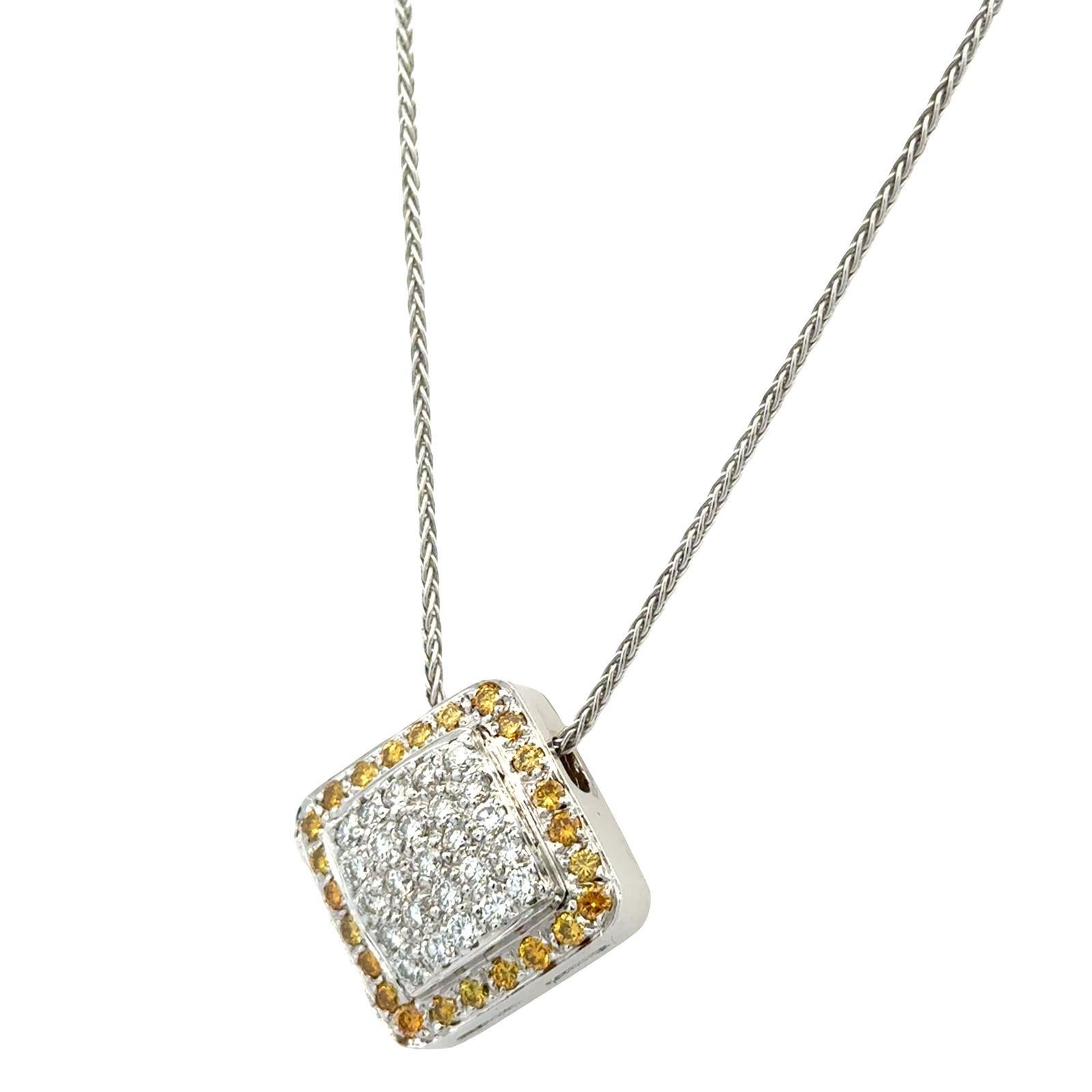 White & Yellow Diamond 18 Karat Two Tone Square Pendant Necklace Contemporary In Excellent Condition For Sale In Boca Raton, FL