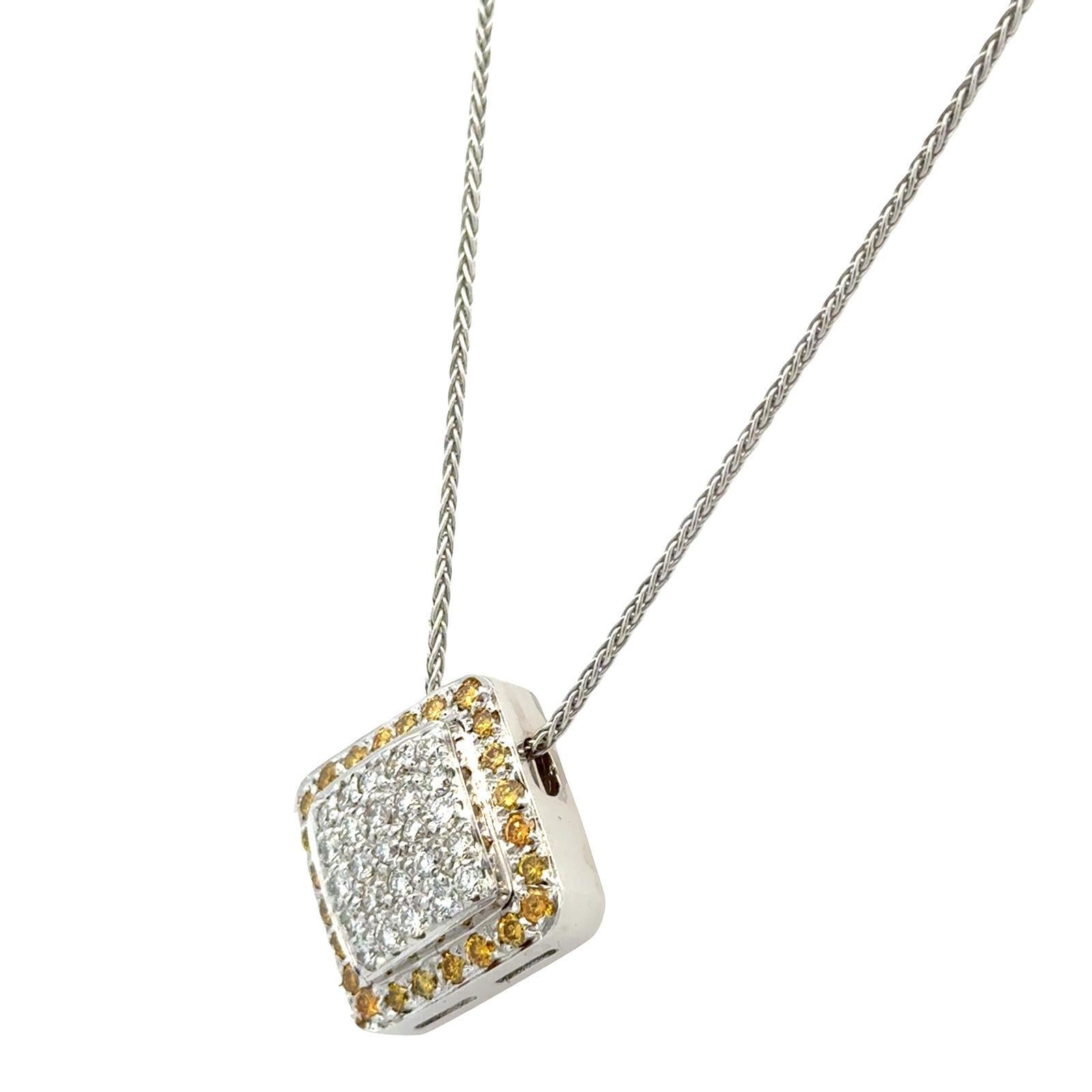 Women's White & Yellow Diamond 18 Karat Two Tone Square Pendant Necklace Contemporary For Sale