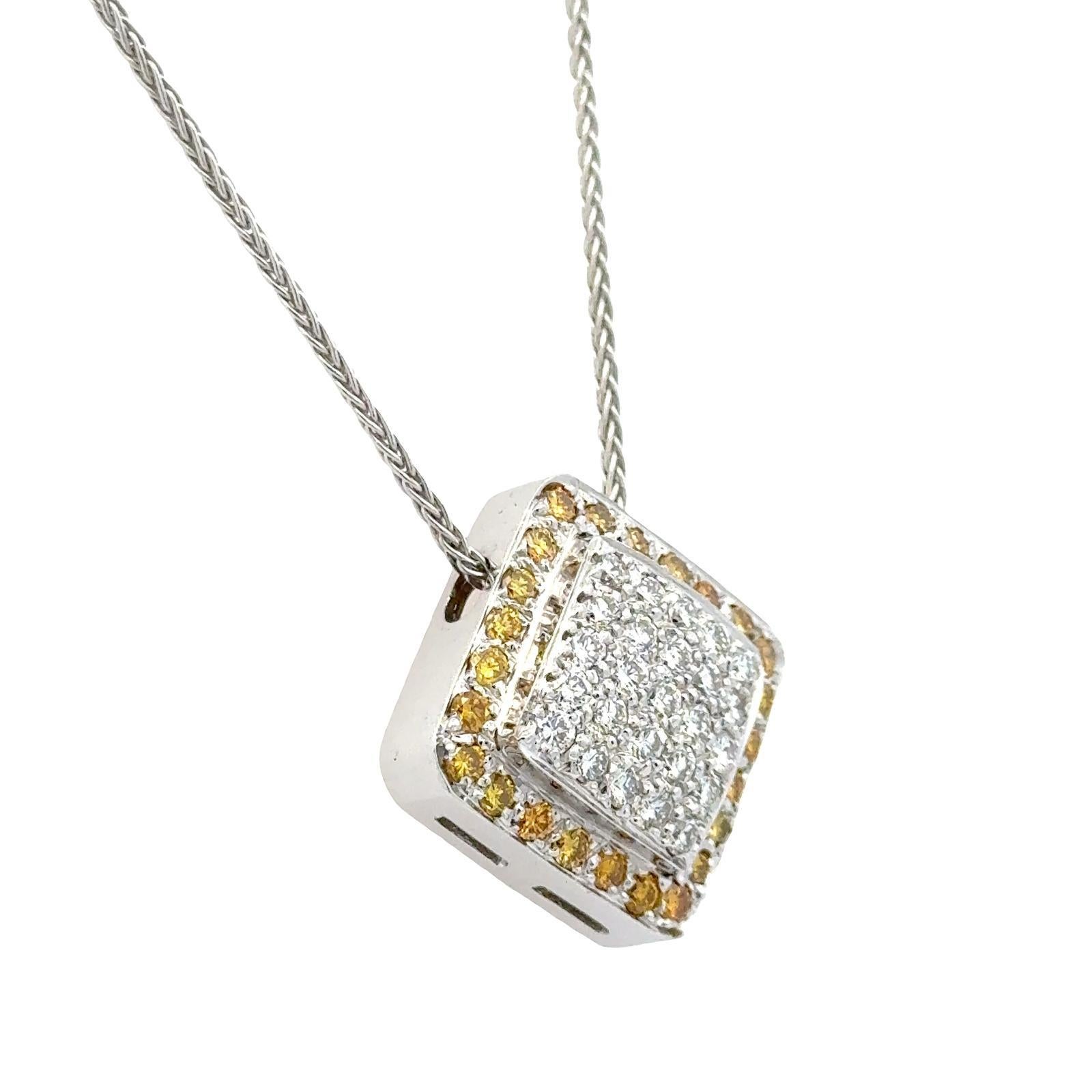 White & Yellow Diamond 18 Karat Two Tone Square Pendant Necklace Contemporary For Sale 1