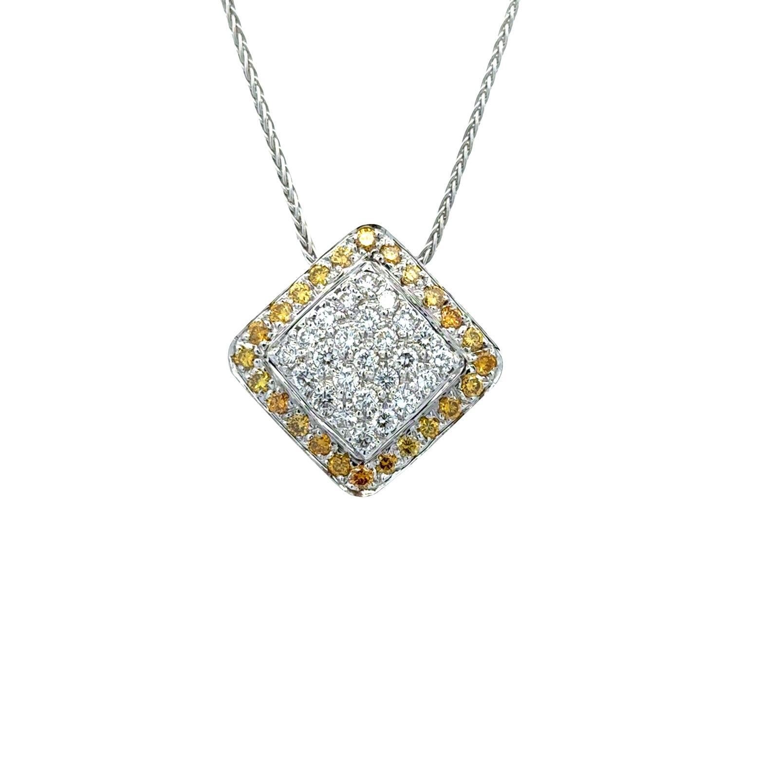 White & Yellow Diamond 18 Karat Two Tone Square Pendant Necklace Contemporary For Sale 2