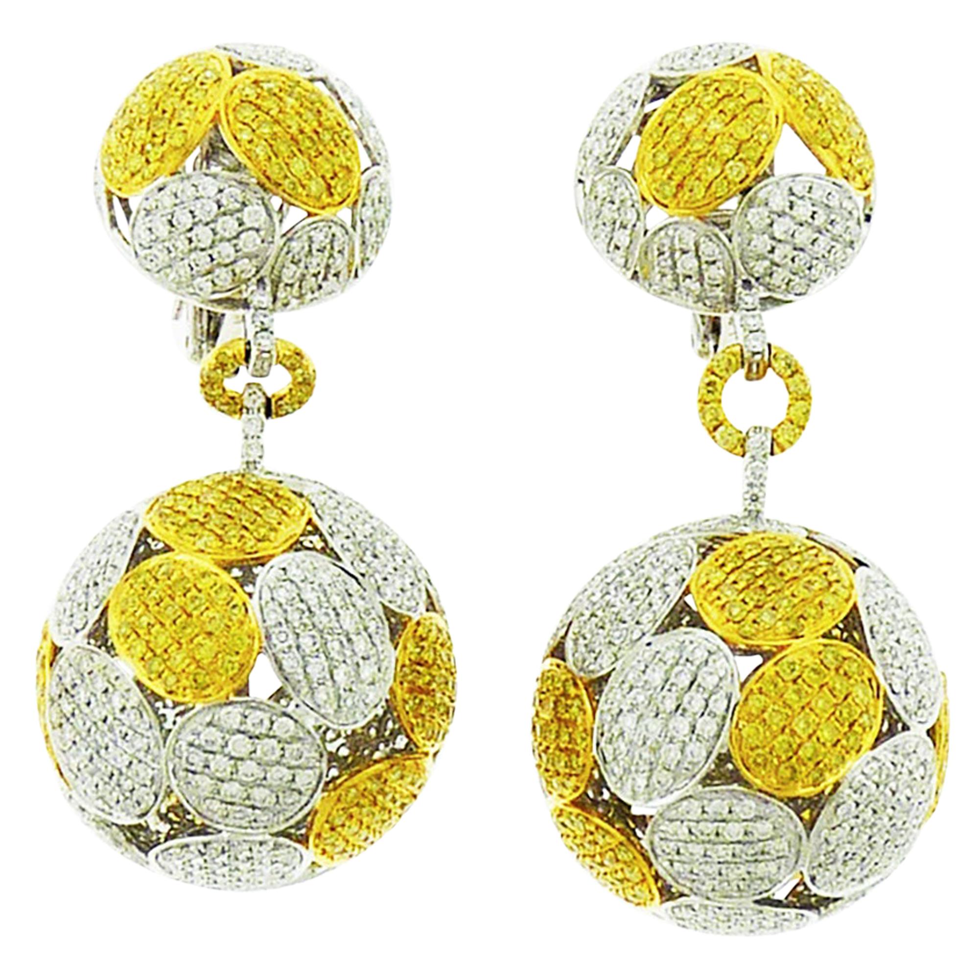 White Yellow Diamond Ball Earrings in 18 Karat White Gold