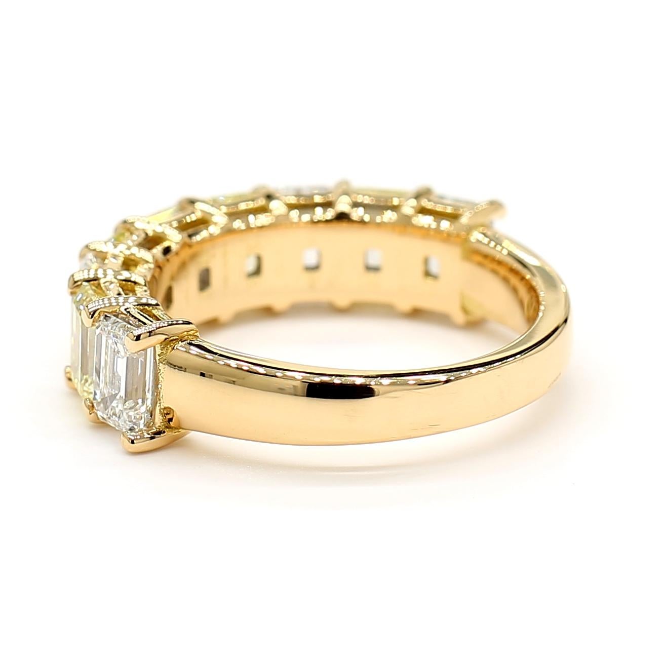 Women's White & Yellow Diamond Emerald Cut 3.49 Carat Half Eternity Ring 18K Yellow Gold