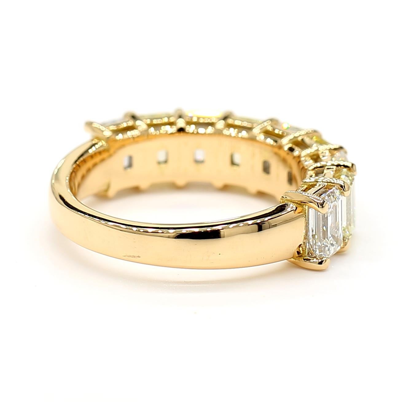 White & Yellow Diamond Emerald Cut 3.49 Carat Half Eternity Ring 18K Yellow Gold 2