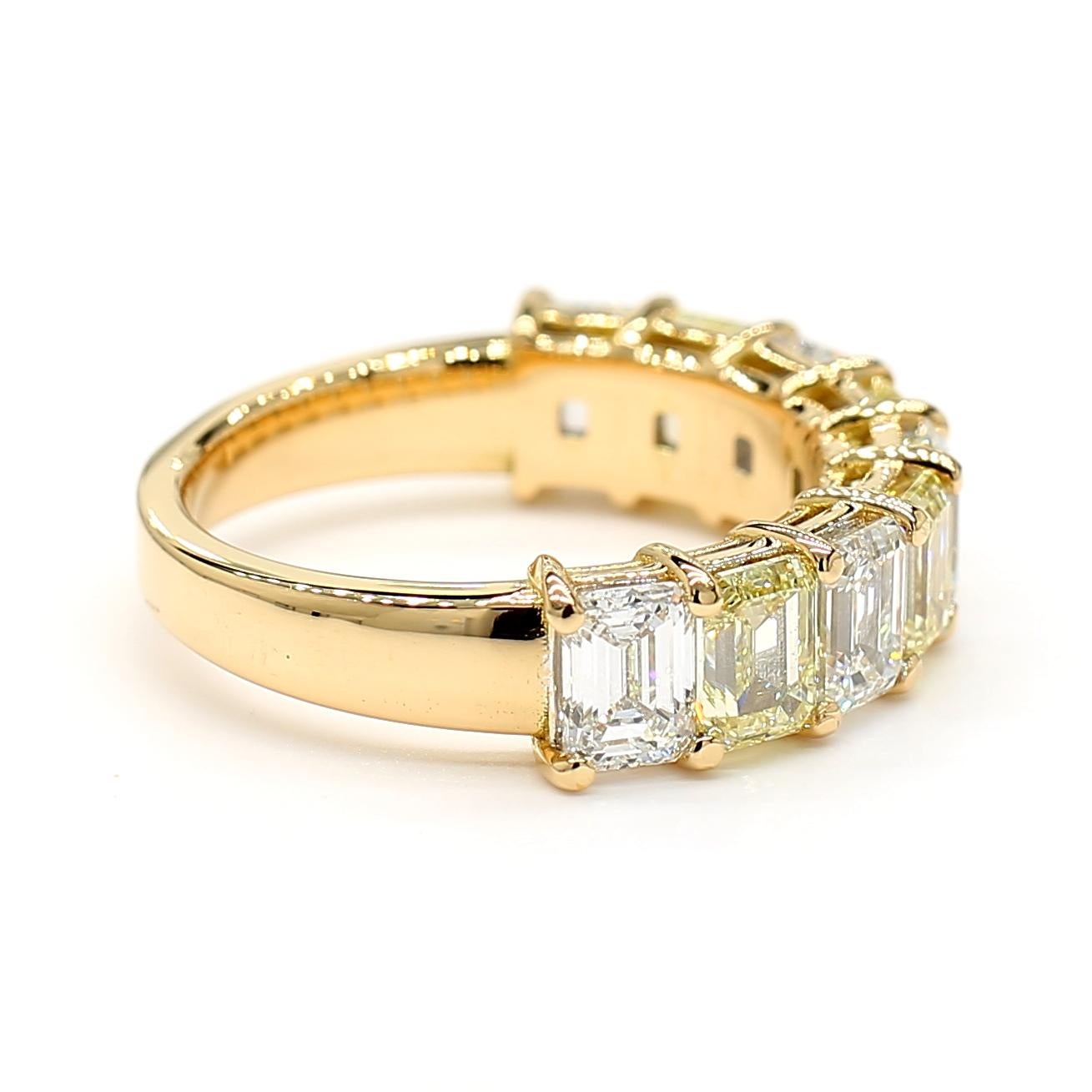 White & Yellow Diamond Emerald Cut 3.49 Carat Half Eternity Ring 18K Yellow Gold 3