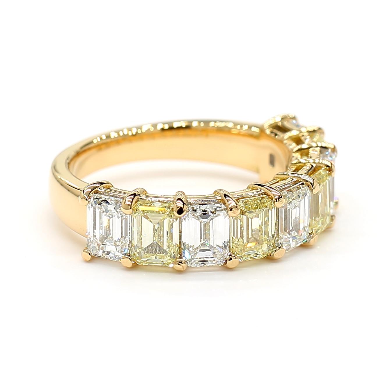 White & Yellow Diamond Emerald Cut 3.49 Carat Half Eternity Ring 18K Yellow Gold 4