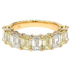 White & Yellow Diamond Emerald Cut 3.49 Carat Half Eternity Ring 18K Yellow Gold