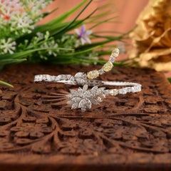 White Yellow Diamonds Floral Cluster 18k White Gold Cuff Bangle Bracelet