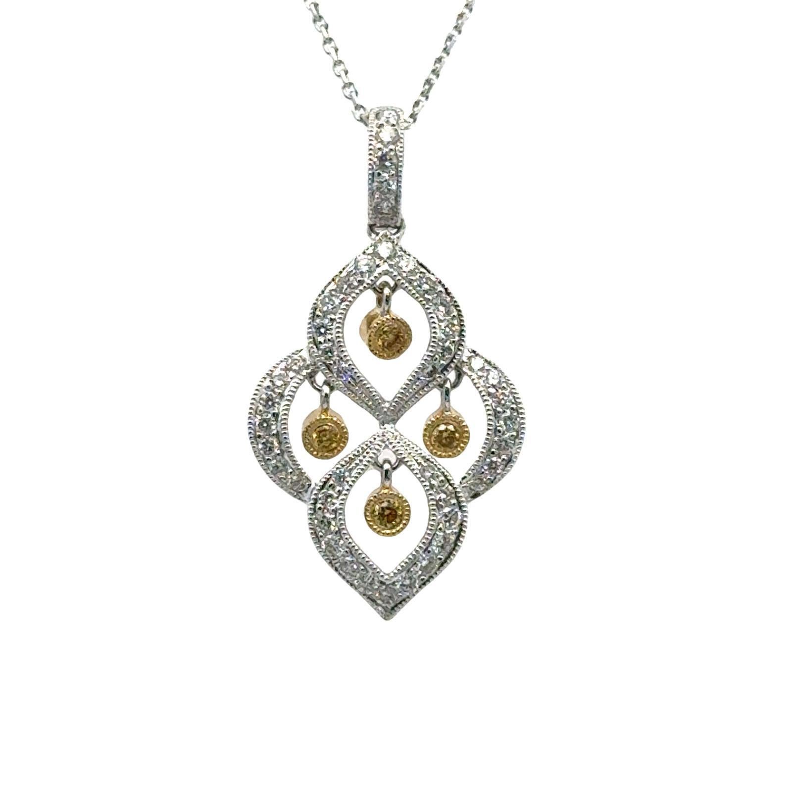Collana moderna con diamante fluttuante bianco e giallo in oro bianco 18 carati In condizioni ottime in vendita a Boca Raton, FL