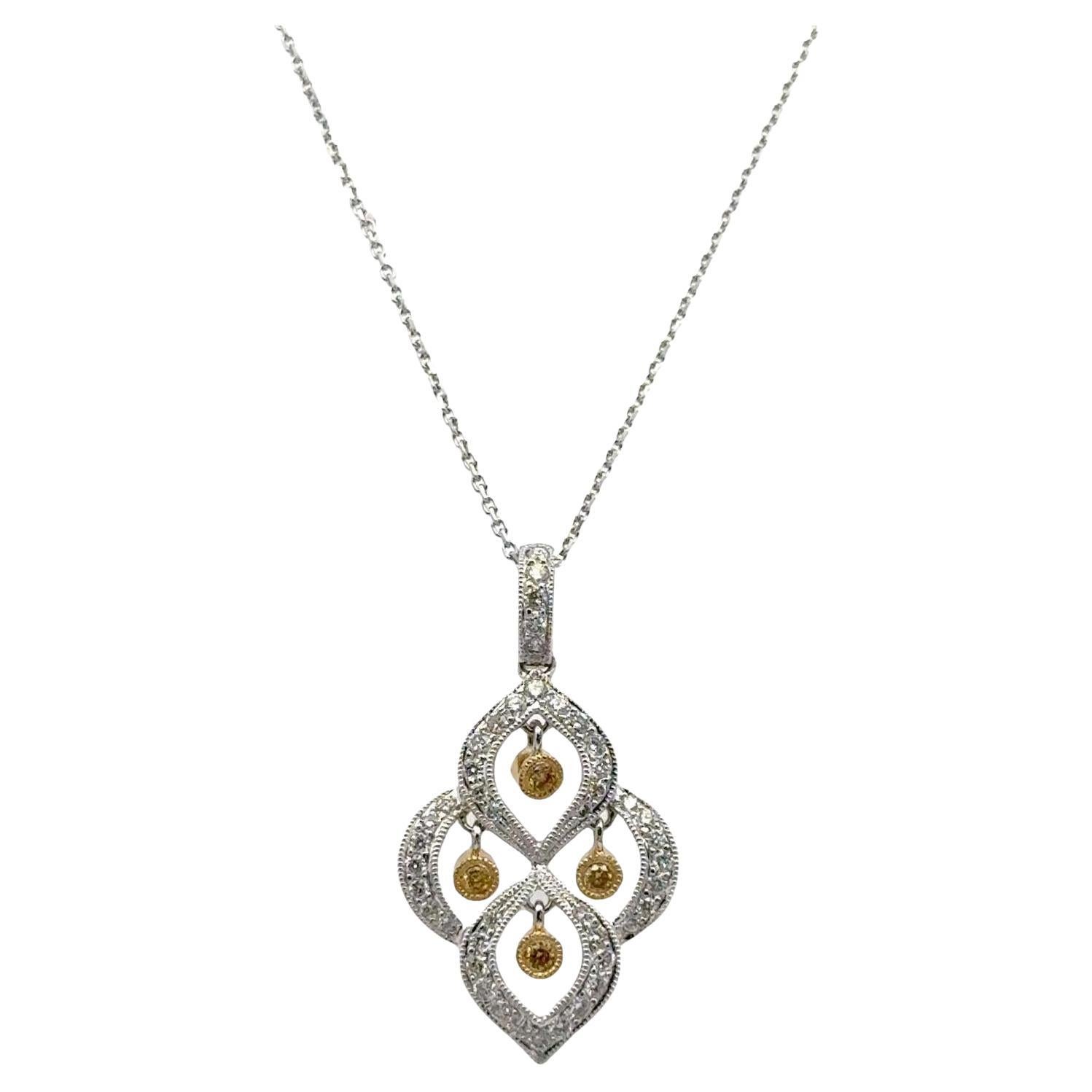 Collier pendentif moderne en or blanc 18 carats avec diamants flottants blancs et jaunes