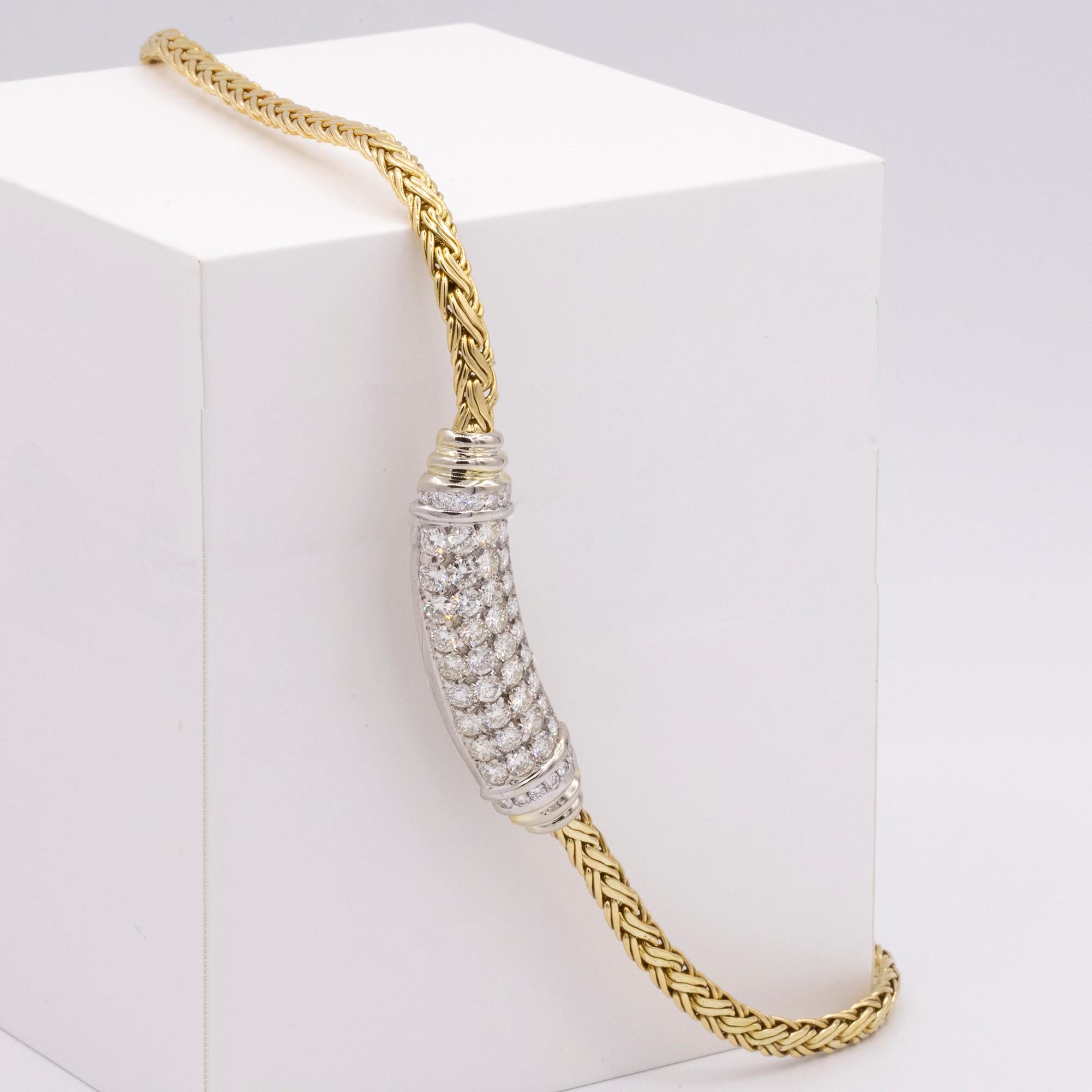 18kt White & Yellow Gold Pave Station Necklace with 50 multiple sized Round Diamonds with Color ranging from G-H & Clarity ranging from VS-SI. The necklace measures 16