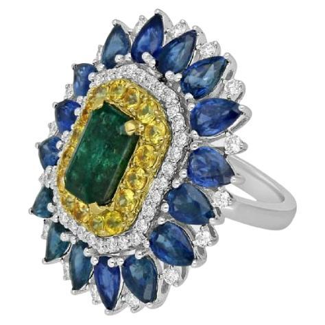 White & Yellow Gold Ring 18K with Diamonds, Emerald & Blue and Yellow Sapphires