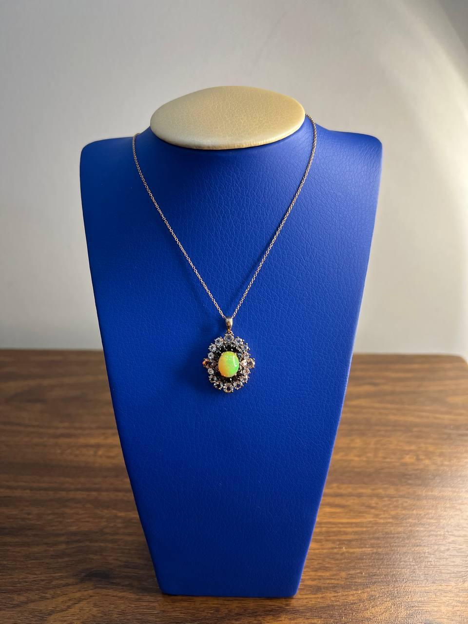 White Yellow Opal Black Diamond Halo Peach Morganite Rose Gold Pendant Necklace For Sale 7