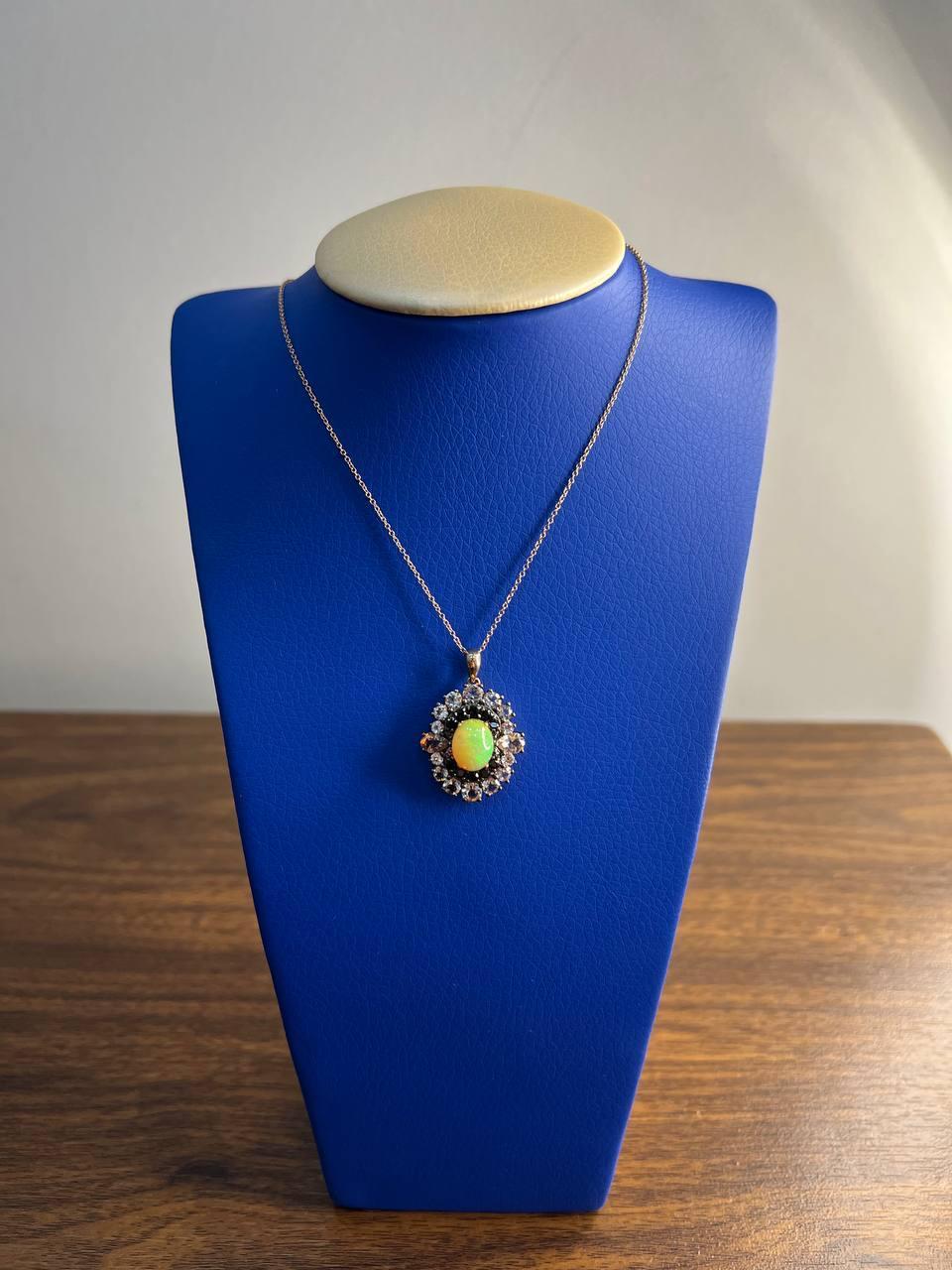 White Yellow Opal Black Diamond Halo Peach Morganite Rose Gold Pendant Necklace For Sale 8