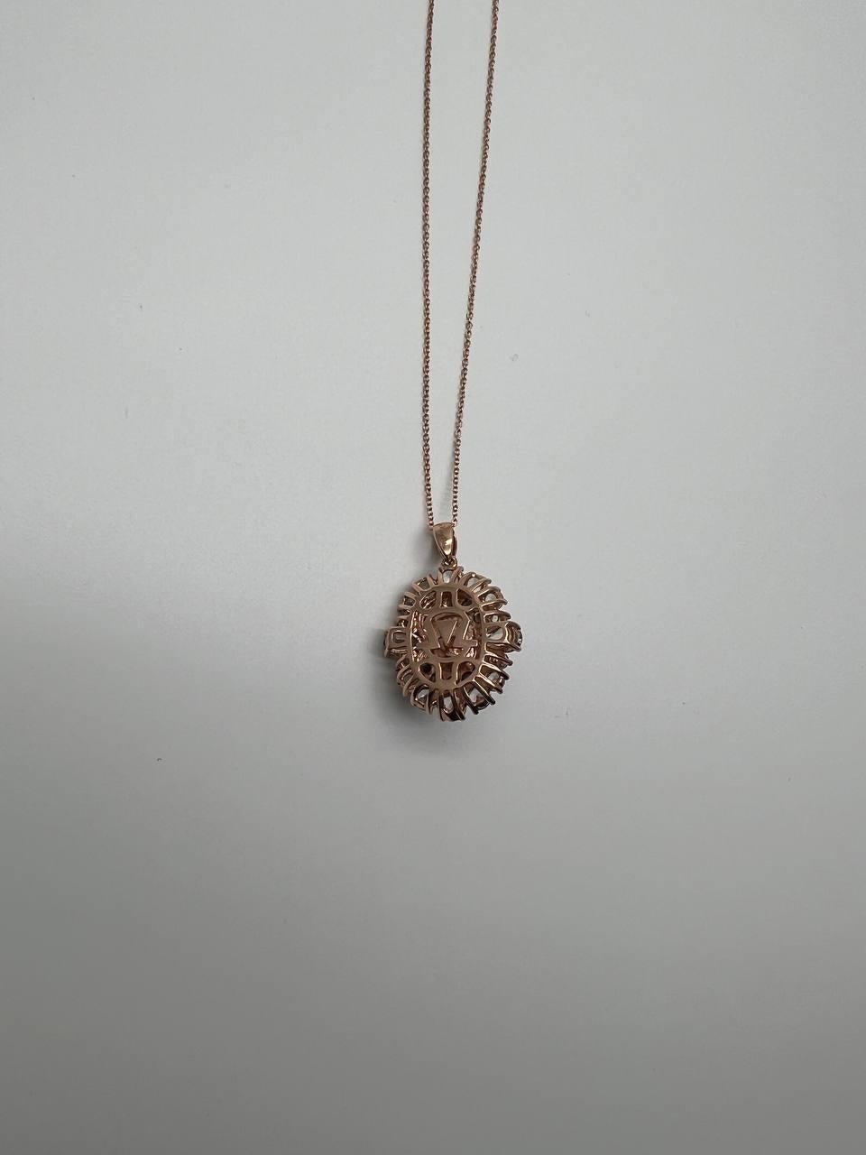 White Yellow Opal Black Diamond Halo Peach Morganite Rose Gold Pendant Necklace In New Condition For Sale In Oakton, VA