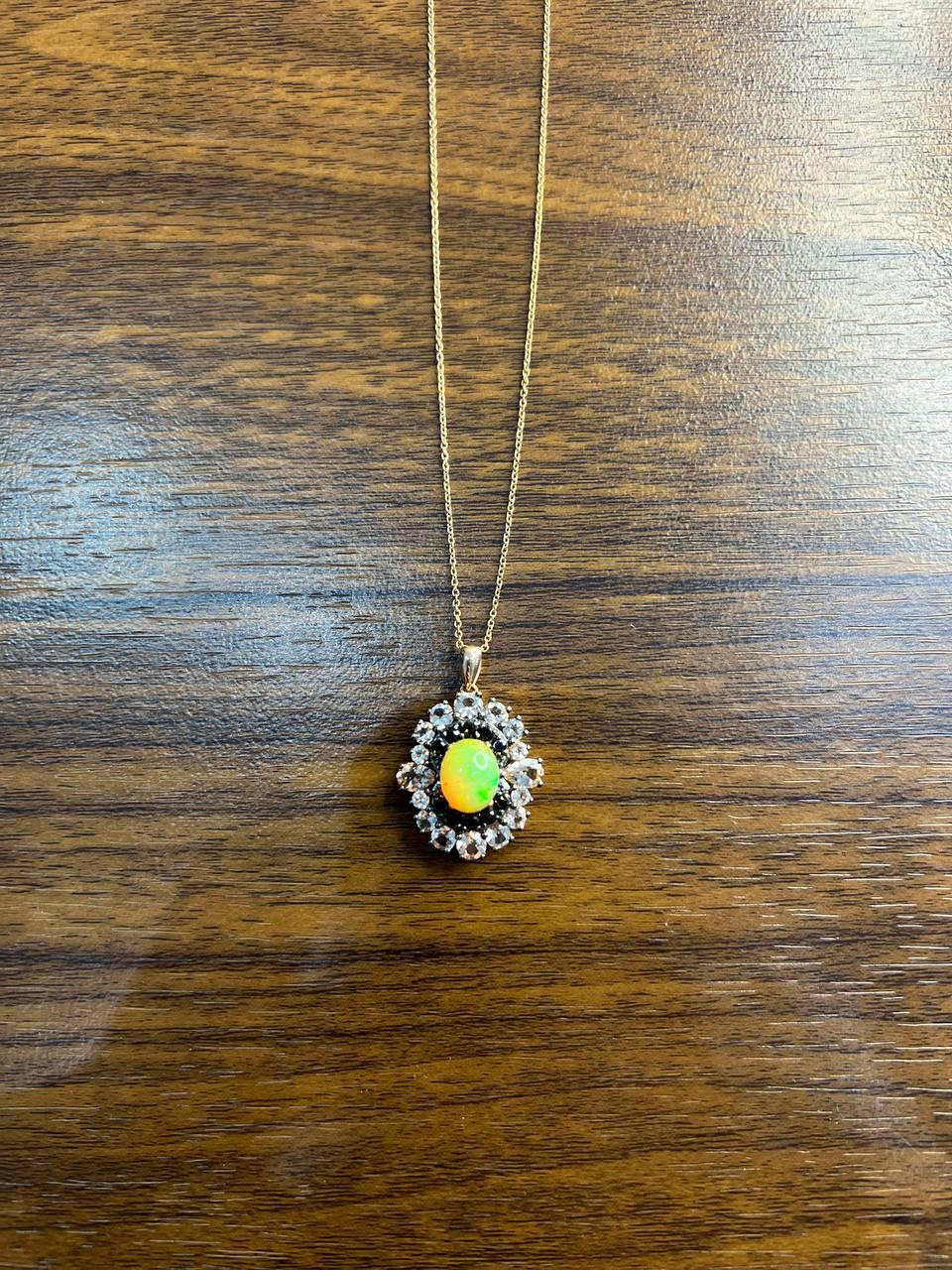 White Yellow Opal Black Diamond Halo Peach Morganite Rose Gold Pendant Necklace For Sale 1
