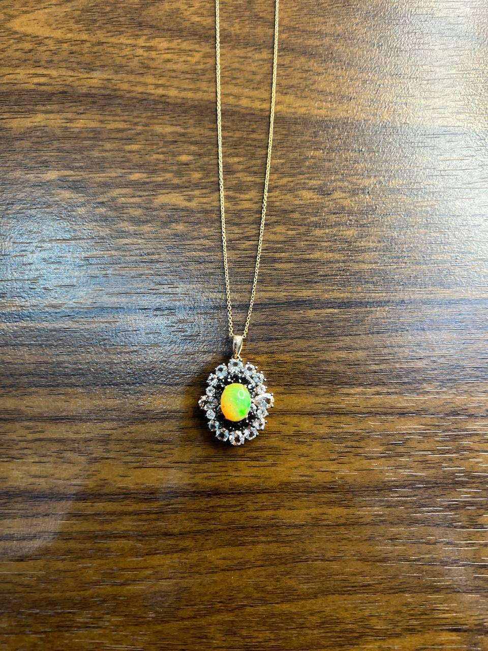 White Yellow Opal Black Diamond Halo Peach Morganite Rose Gold Pendant Necklace For Sale 2