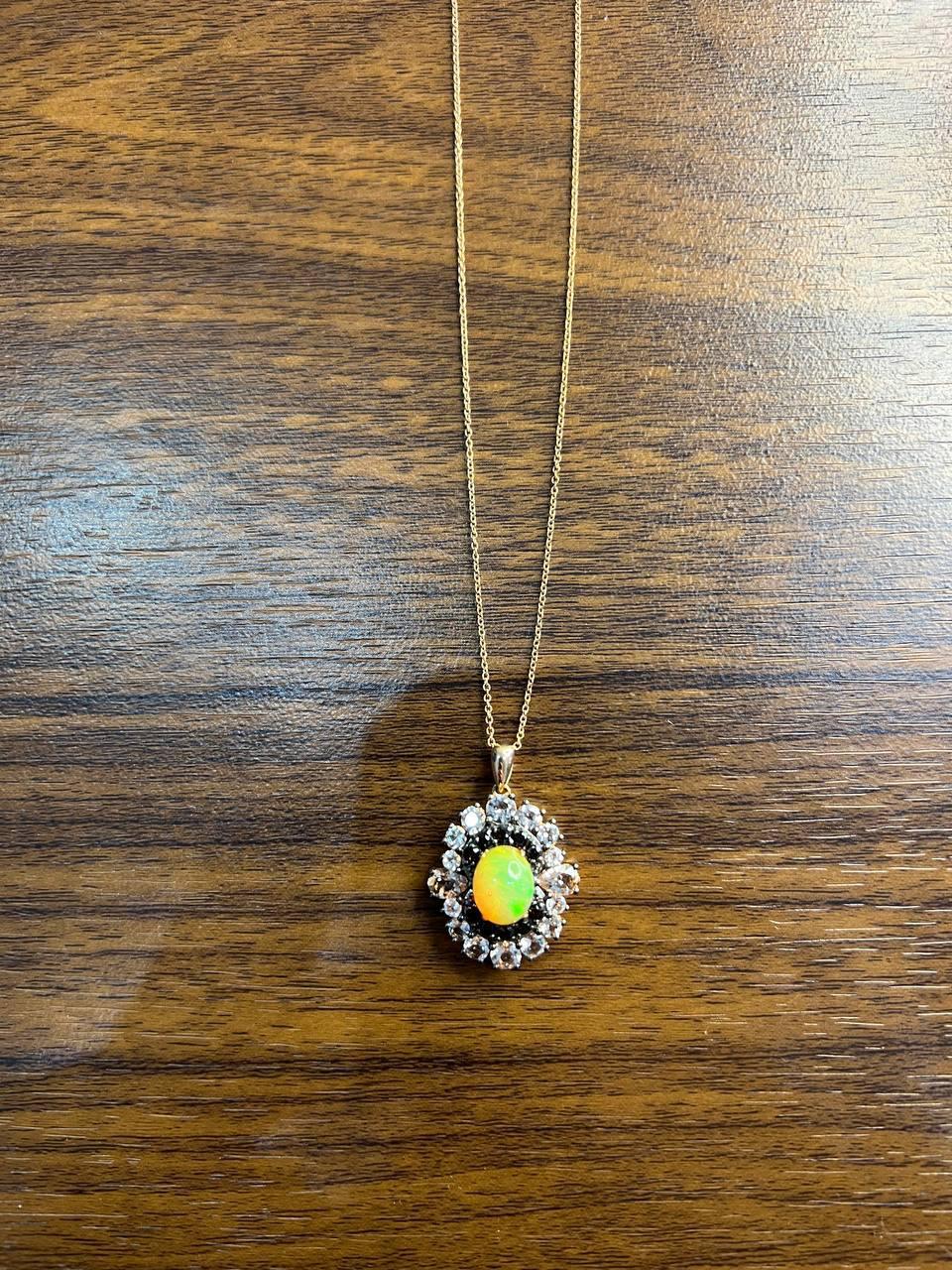 White Yellow Opal Black Diamond Halo Peach Morganite Rose Gold Pendant Necklace For Sale 3