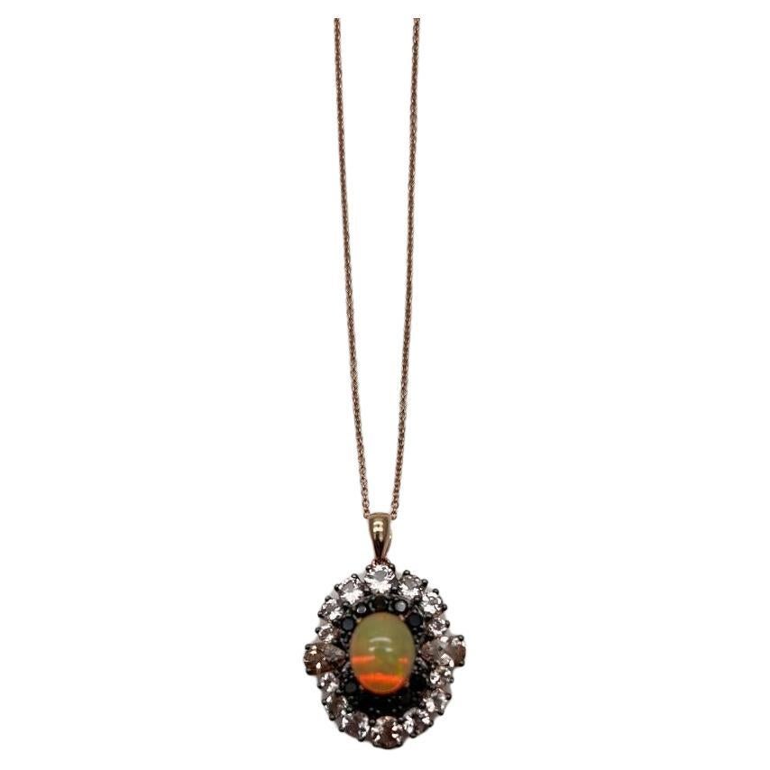 White Yellow Opal Black Diamond Halo Peach Morganite Rose Gold Pendant Necklace