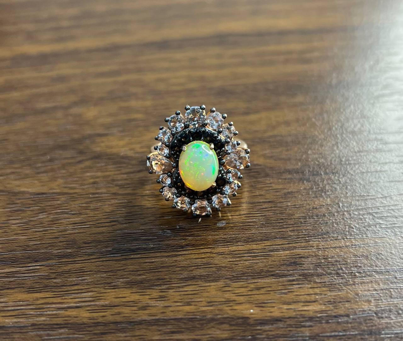 Mixed Cut White Yellow Opal Black Diamond Halo Peach Morganite Rose Gold Statement Ring For Sale