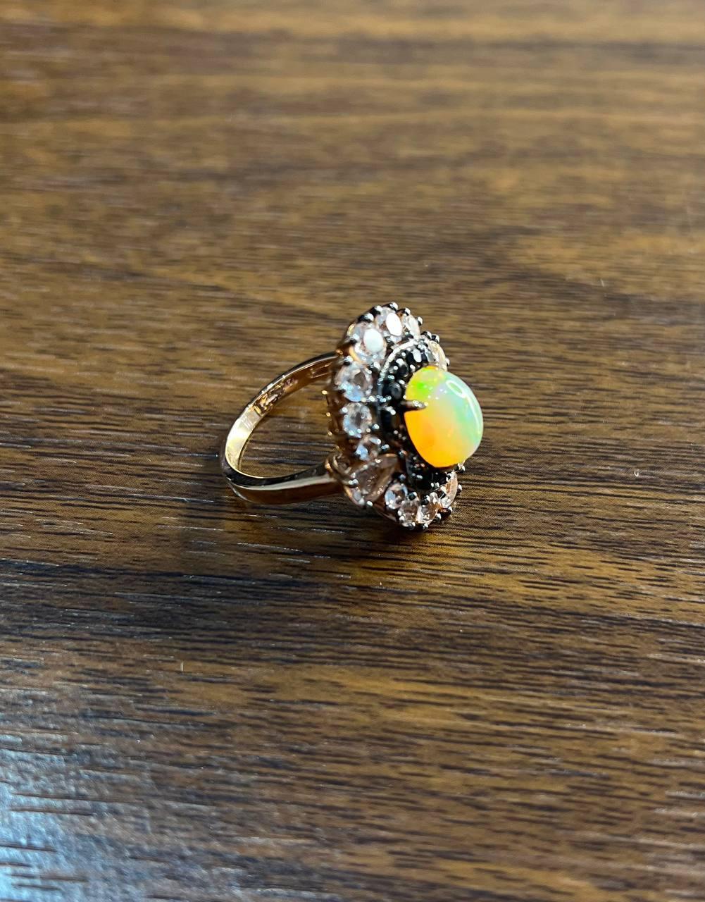 White Yellow Opal Black Diamond Halo Peach Morganite Rose Gold Statement Ring In New Condition For Sale In Oakton, VA