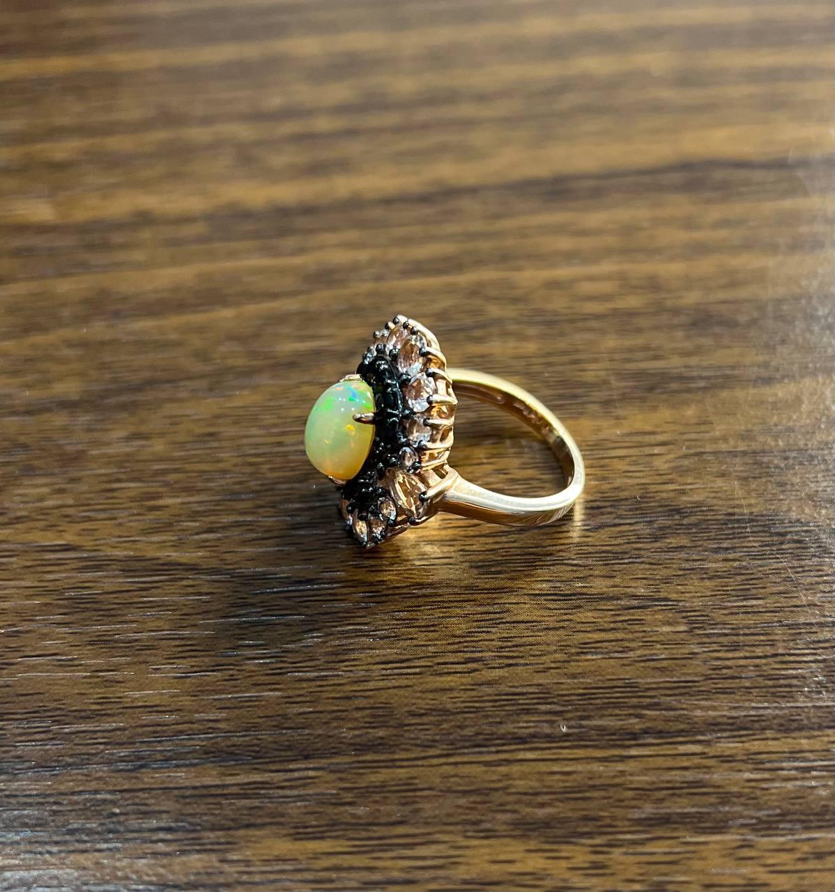 Women's White Yellow Opal Black Diamond Halo Peach Morganite Rose Gold Statement Ring For Sale