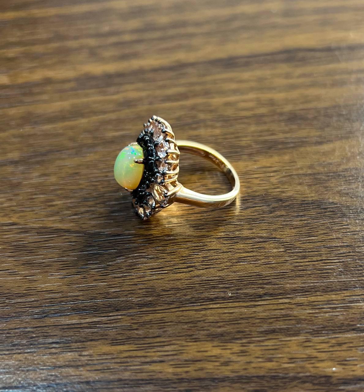 White Yellow Opal Black Diamond Halo Peach Morganite Rose Gold Statement Ring For Sale 1
