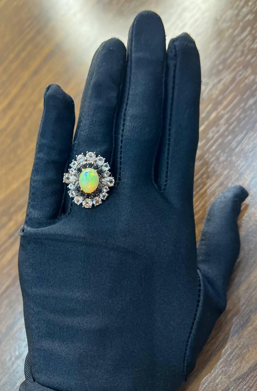 White Yellow Opal Black Diamond Halo Peach Morganite Rose Gold Statement Ring For Sale 3