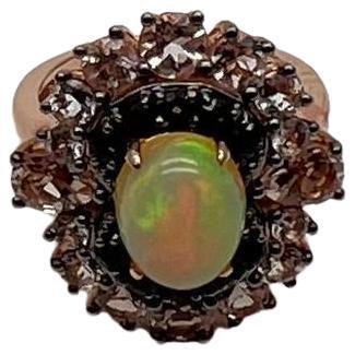 White Yellow Opal Black Diamond Halo Peach Morganite Rose Gold Statement Ring