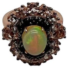 White Yellow Opal Black Diamond Halo Peach Morganite Rose Gold Statement Ring