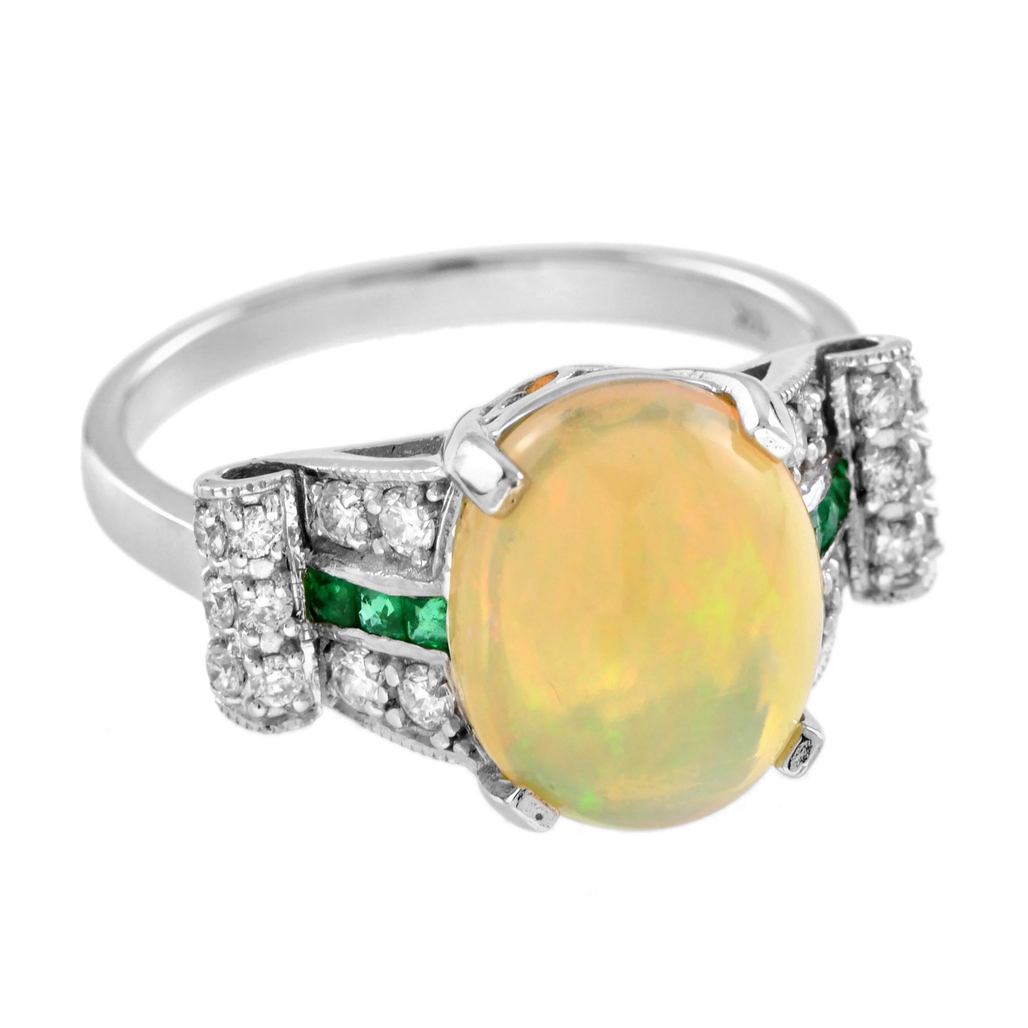 A well balanced Art Deco inspired ring that has a central 2.46 carats play-of-color Ethiopian opal with French cut emerald and shimmering diamonds on either side. This gorgeous ring would make a perfect engagement ring.
Ring Information
Style: