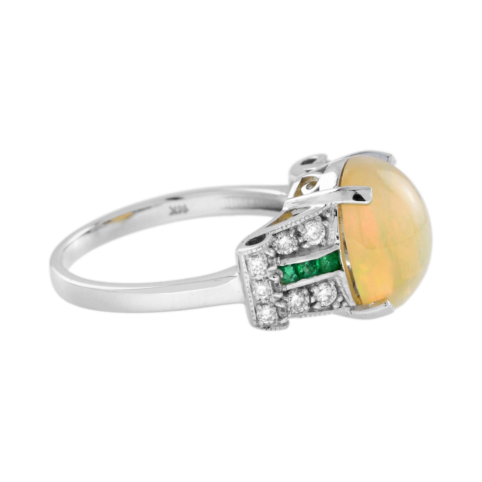 Art déco White Yellow Opal & Emerald Diamond Art Deco Style Solitaire 14K White Gold Ring en vente