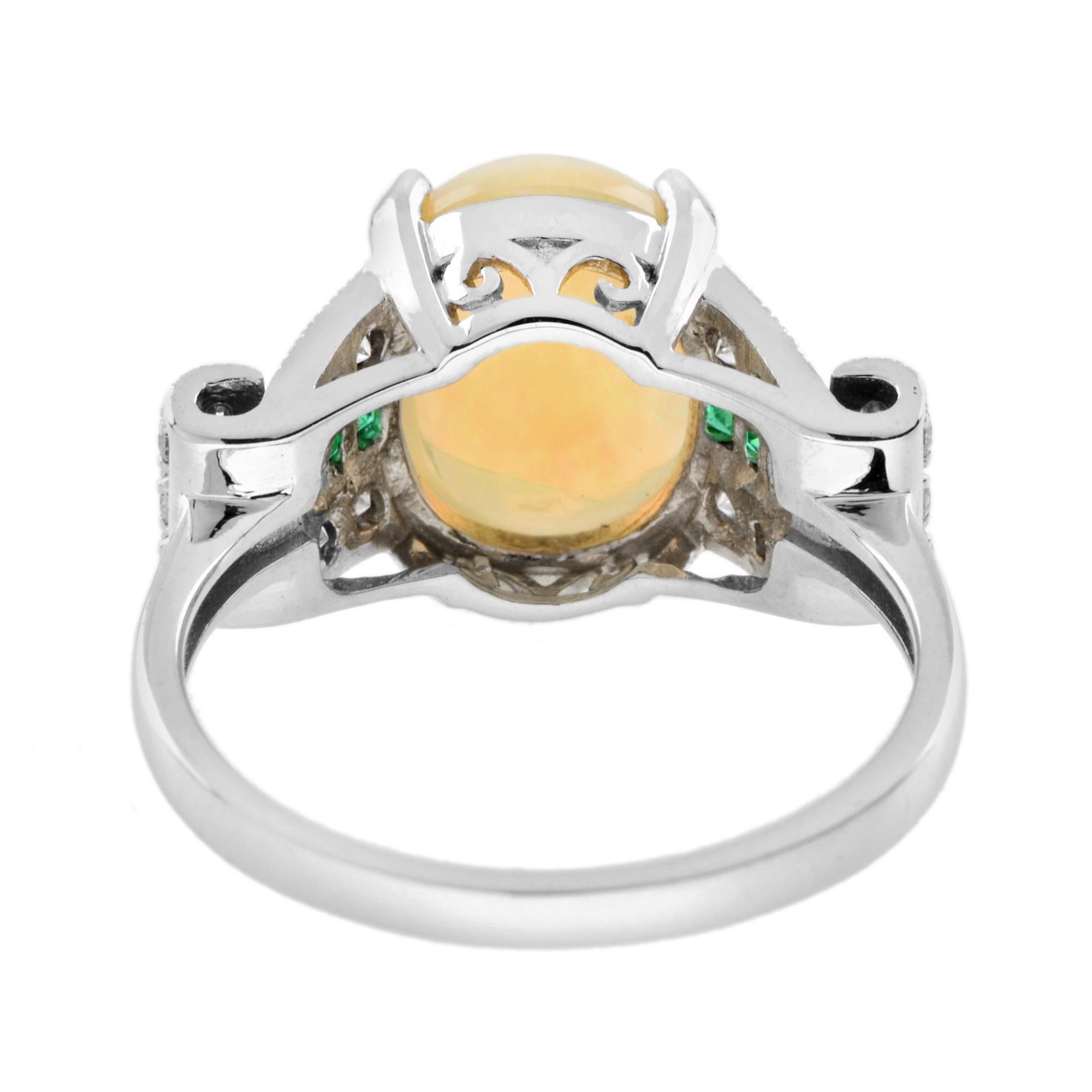 Taille ovale White Yellow Opal & Emerald Diamond Art Deco Style Solitaire 14K White Gold Ring en vente