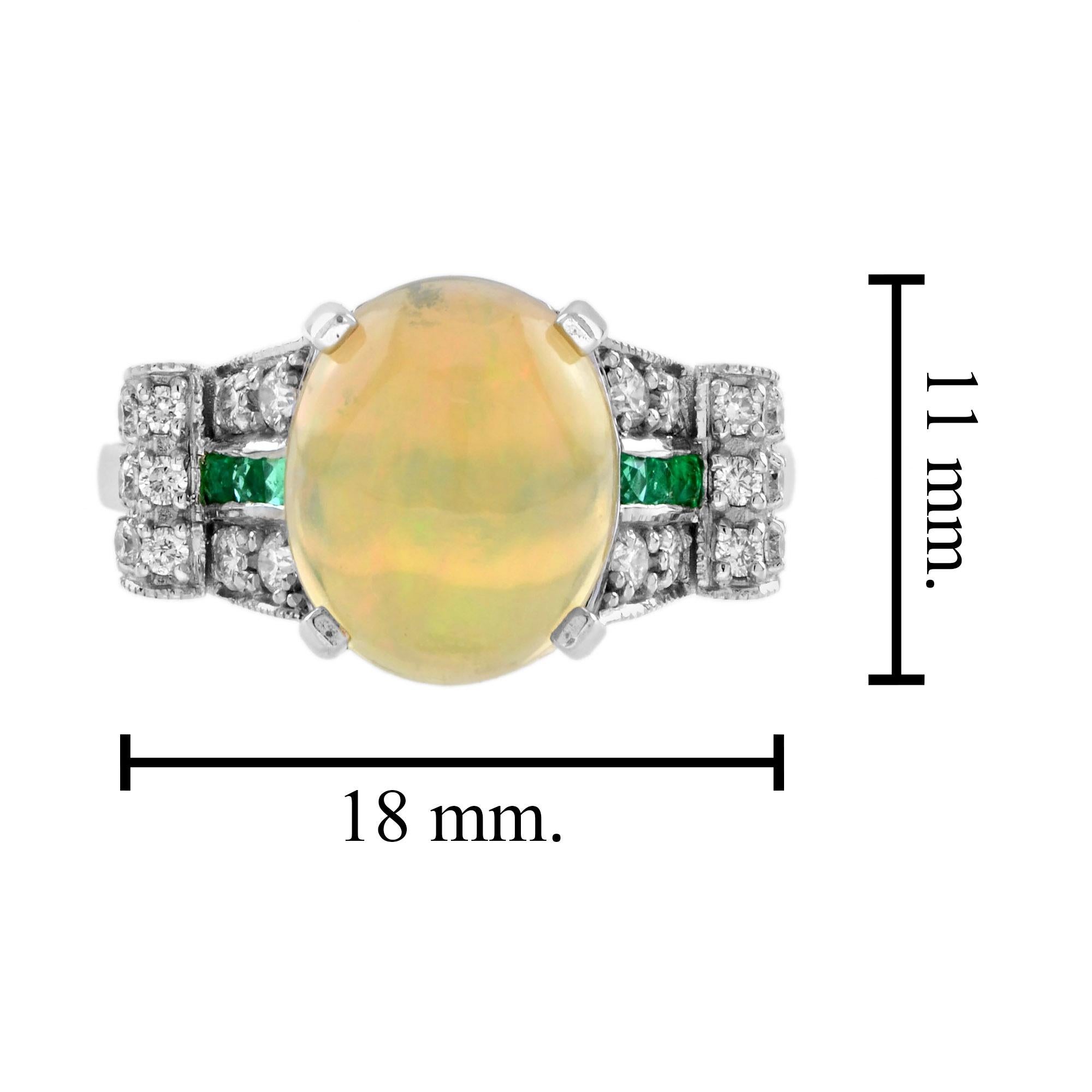 White Yellow Opal & Emerald Diamond Art Deco Style Solitaire 14K White Gold Ring en vente 3