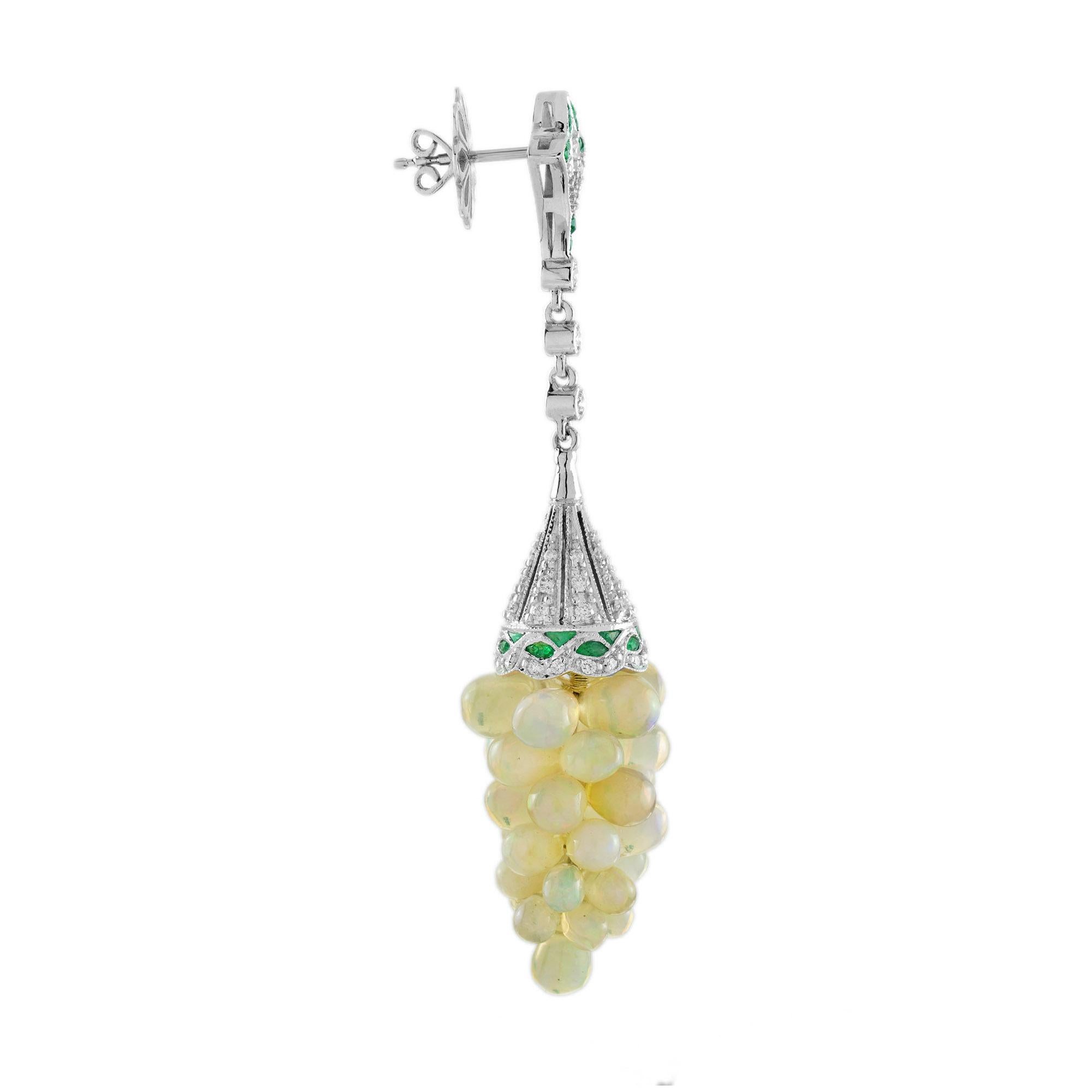 Art Deco White Yellow Opal Grape & Diamond Green Emerald Vintage Style Drop Gold Earrings For Sale