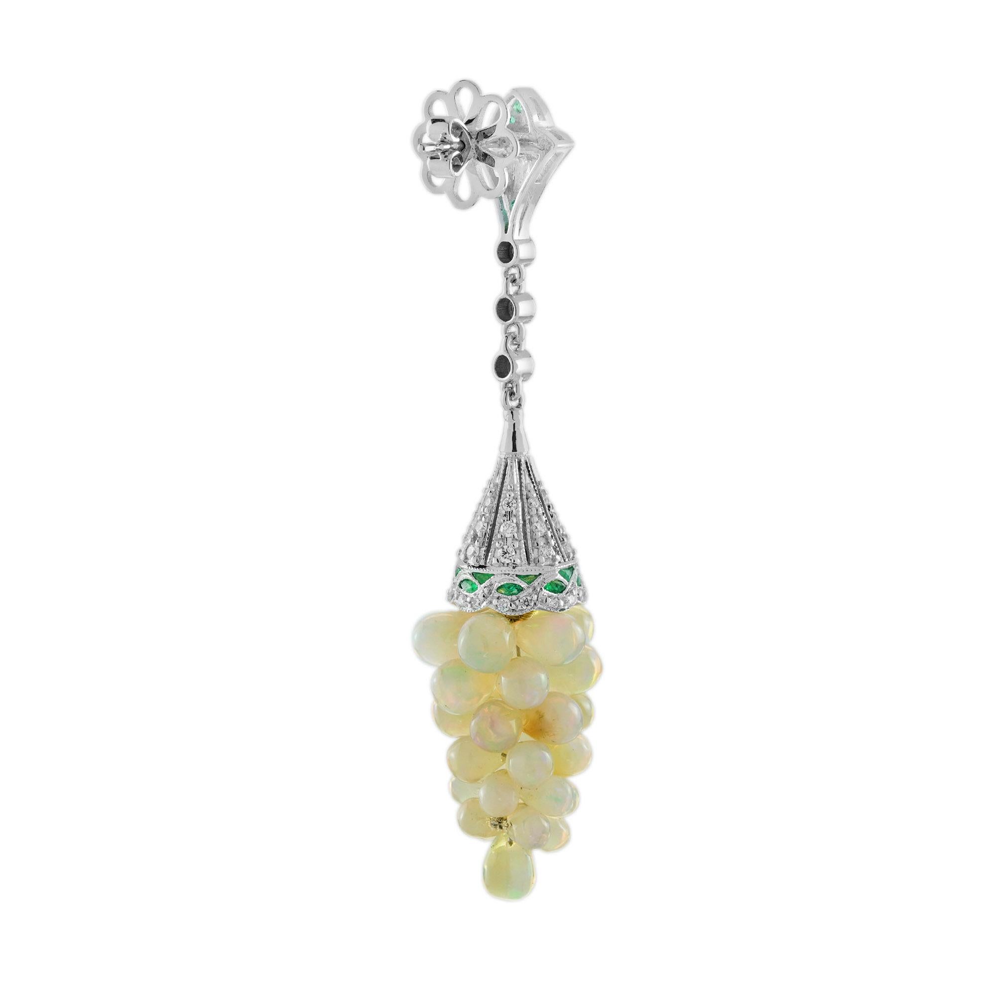 Oval Cut White Yellow Opal Grape & Diamond Green Emerald Vintage Style Drop Gold Earrings For Sale