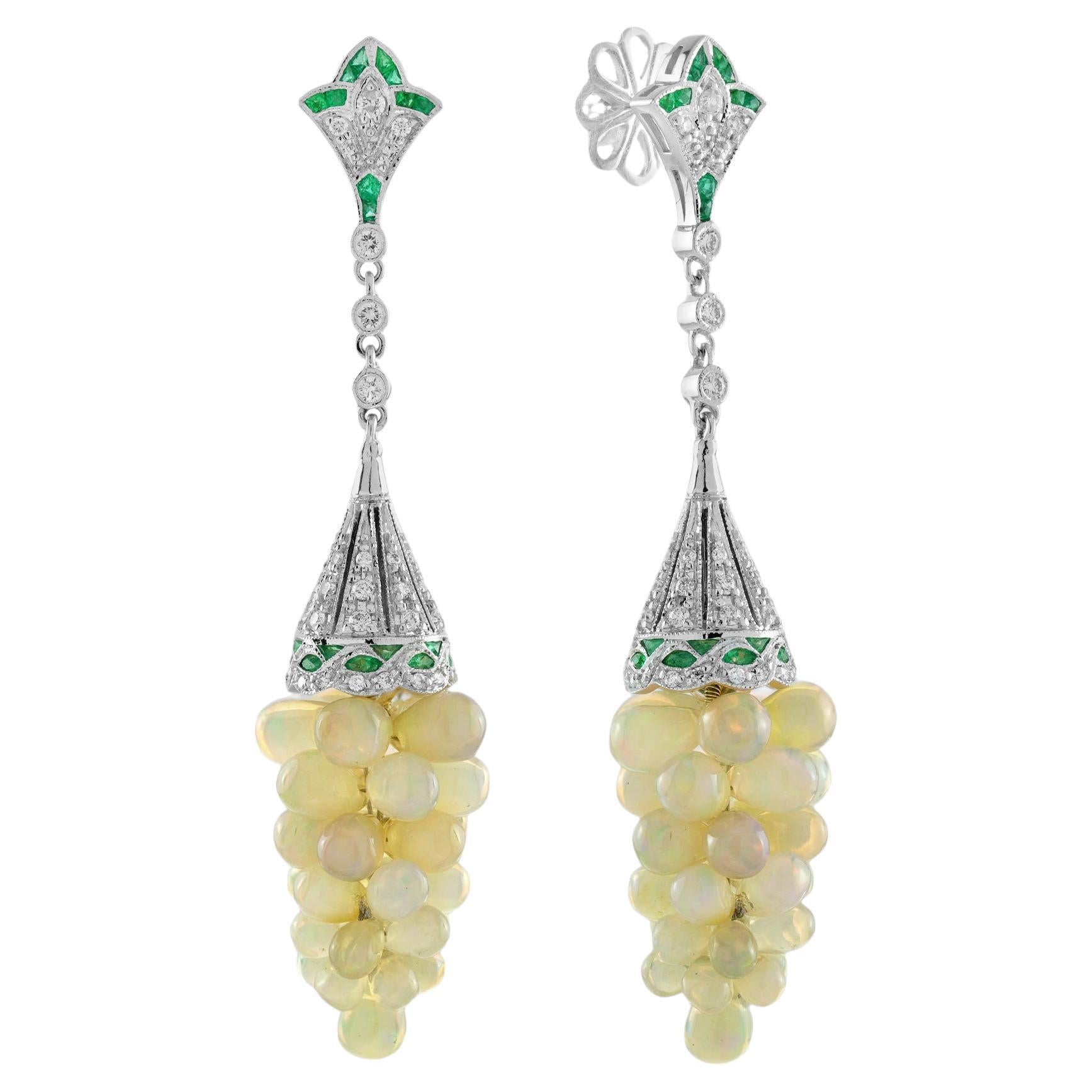 White Yellow Opal Grape & Diamond Green Emerald Vintage Style Drop Gold Earrings For Sale