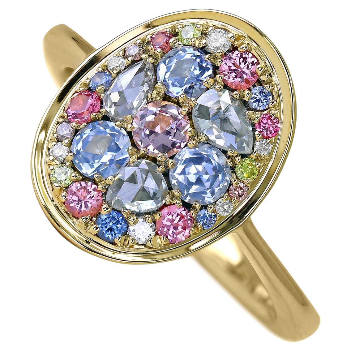 White Yellow Pink Diamond Blue Sapphire Pink Spinel Starstruck Ring, Joke Quick For Sale