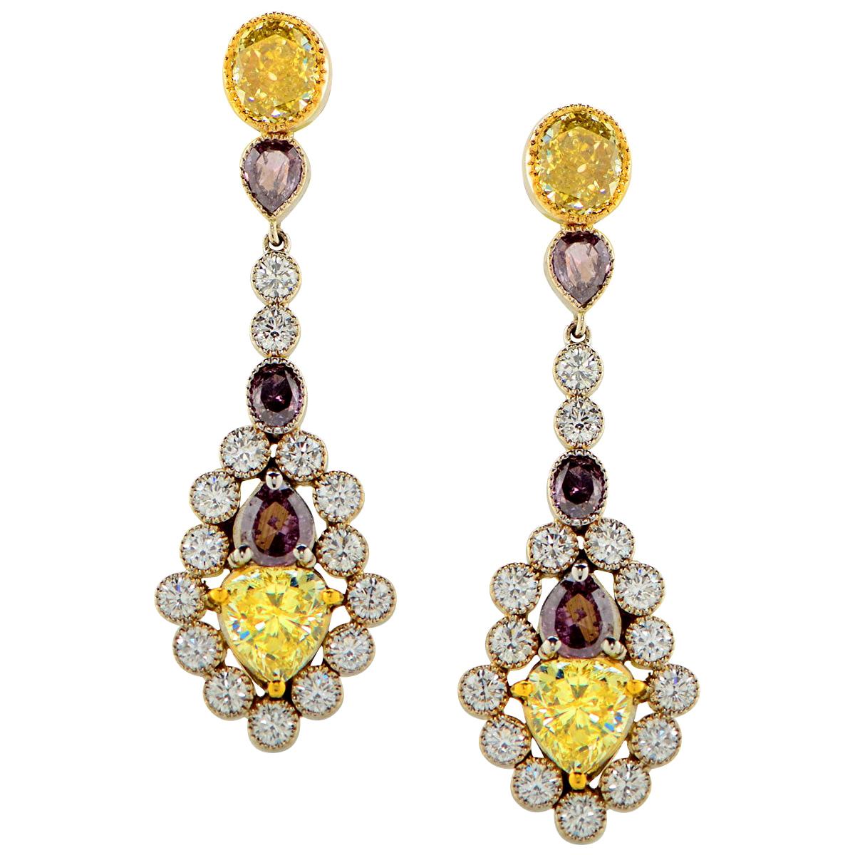 7.34 Carat White Yellow Purple Diamond Drop Platinum Earrings GIA Certified